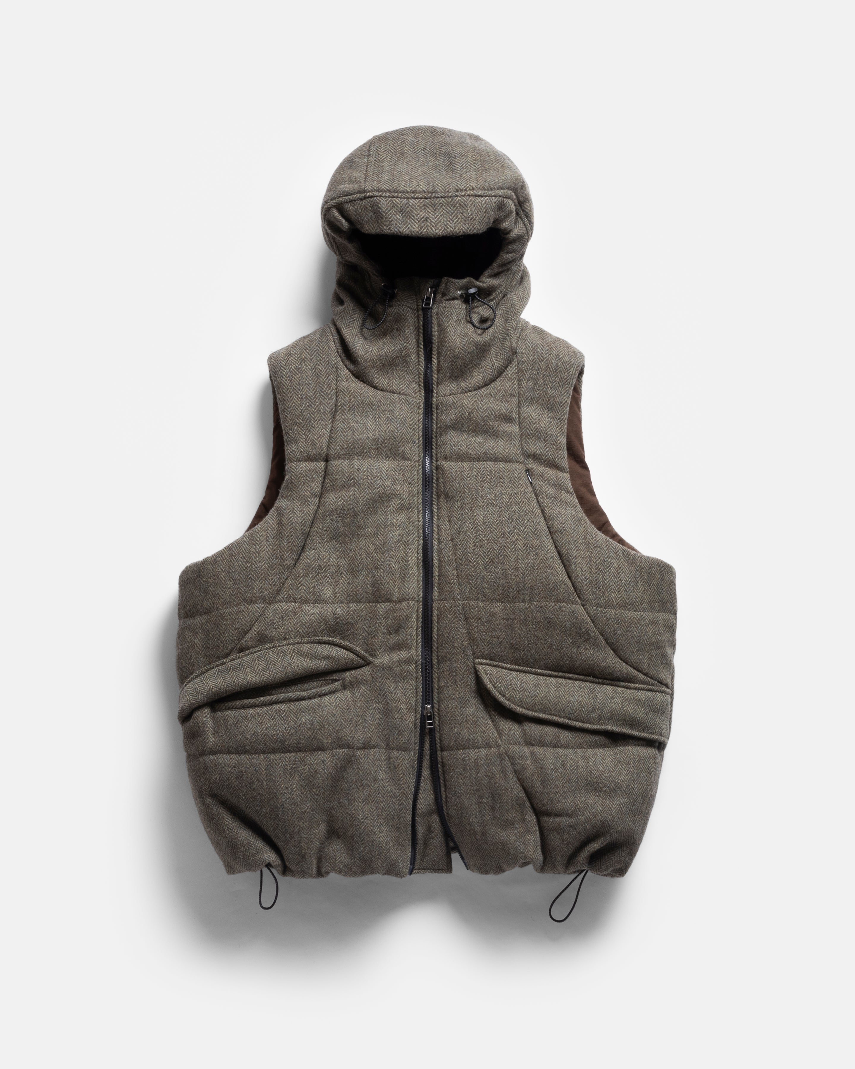 STANTON HOODED VEST - MOSS / BROWN QUILTED HERRINGBONE WOOLEN TWEED