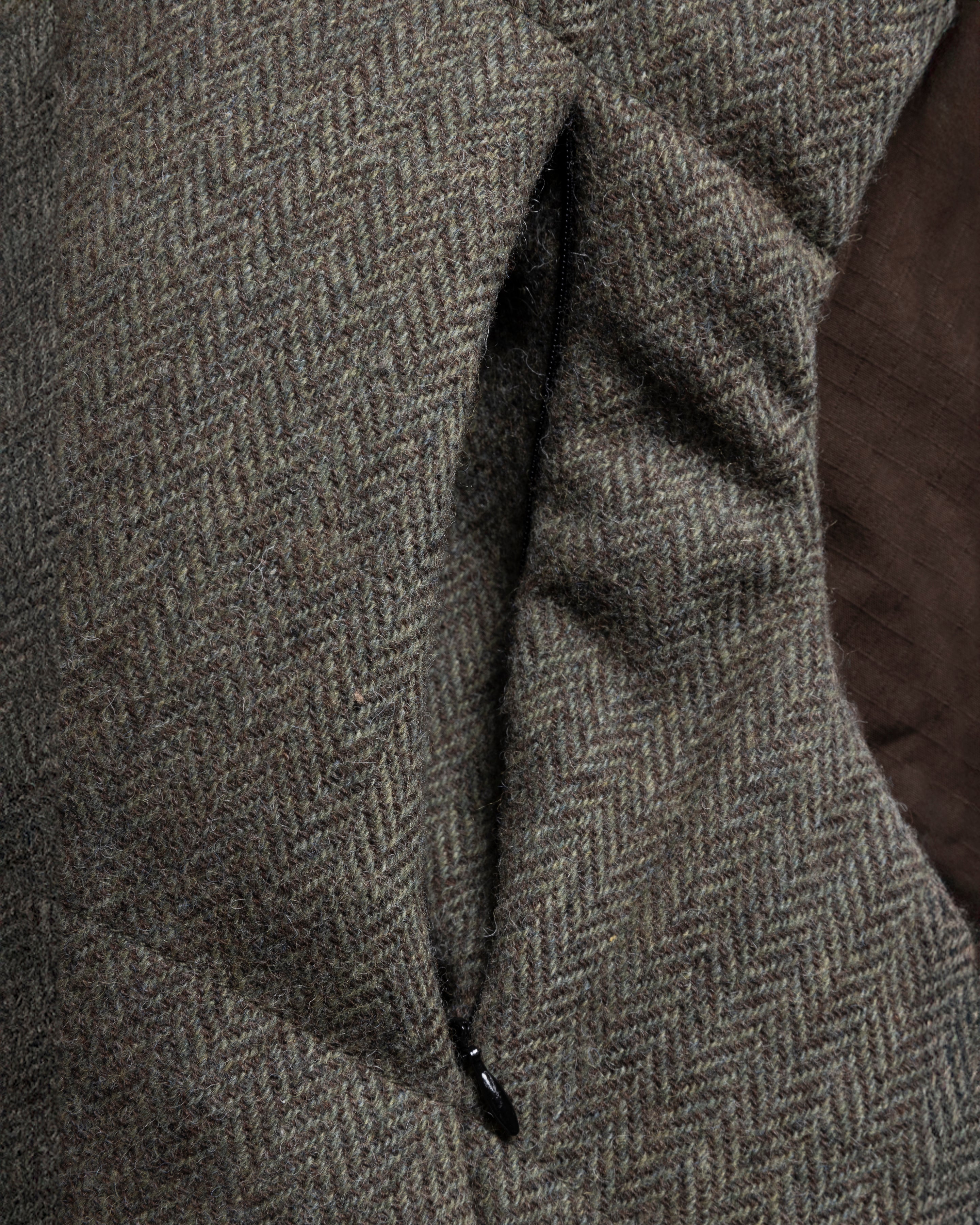 STANTON HOODED VEST - MOSS / BROWN QUILTED HERRINGBONE WOOLEN TWEED