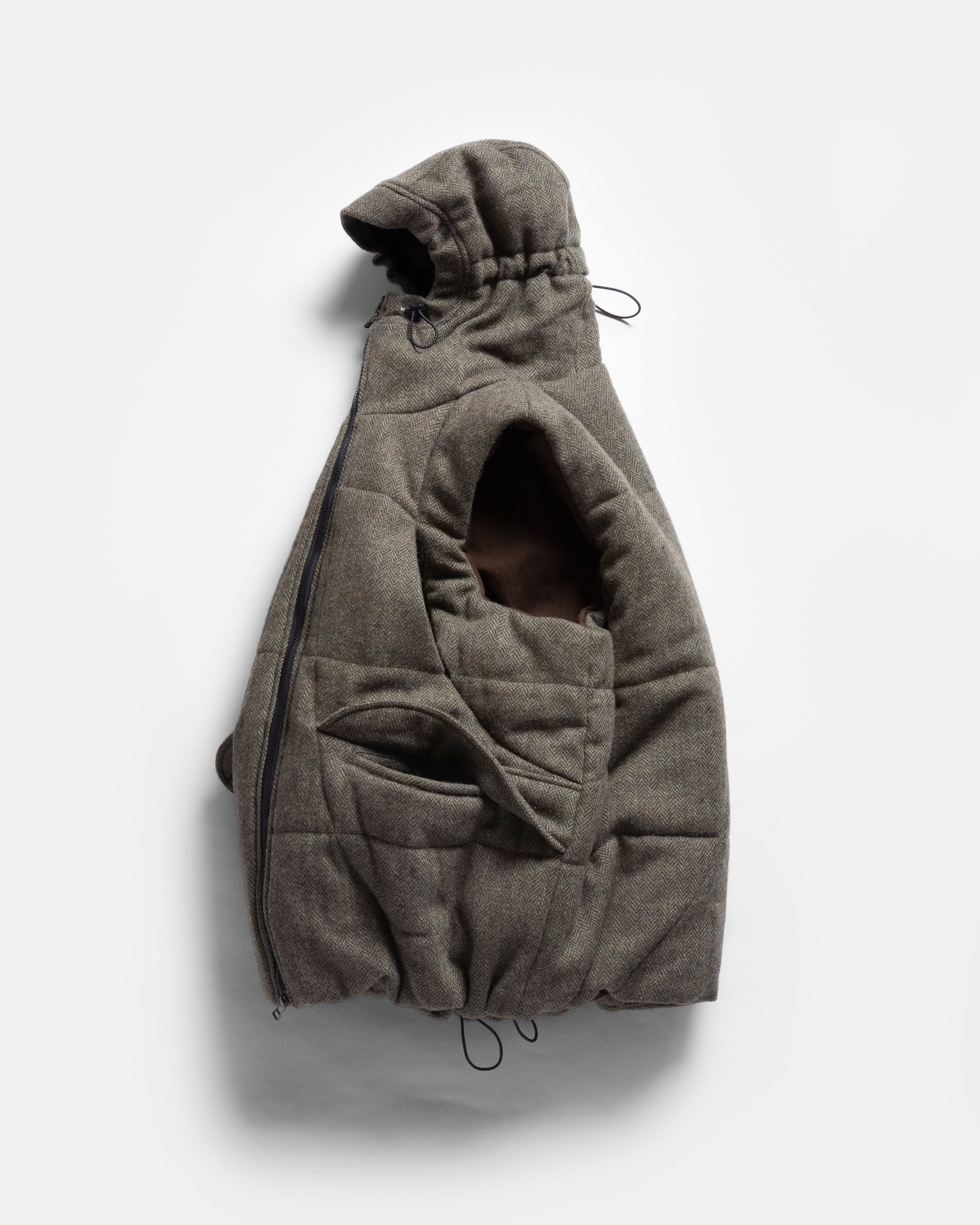 STANTON HOODED VEST - MOSS / BROWN QUILTED HERRINGBONE WOOLEN TWEED