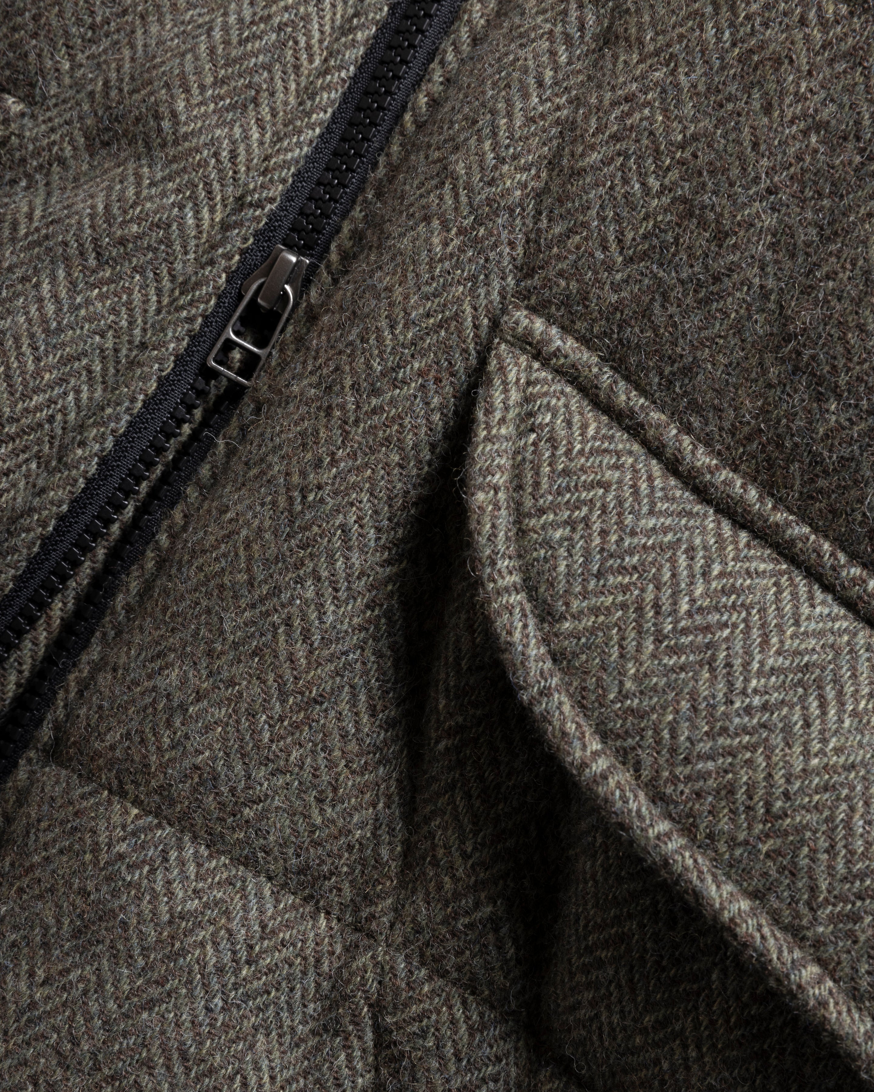 STANTON HOODED VEST - MOSS / BROWN QUILTED HERRINGBONE WOOLEN TWEED