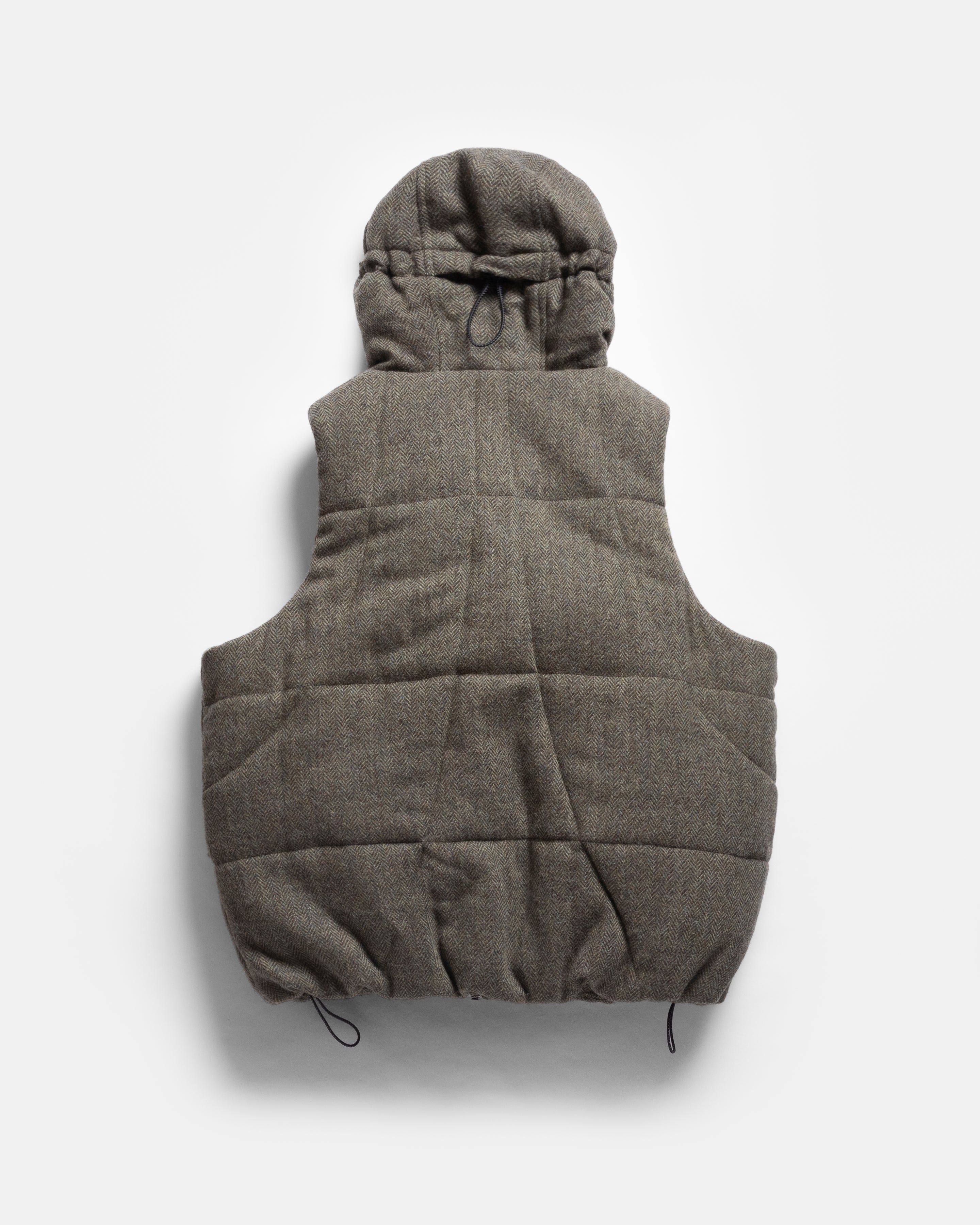 STANTON HOODED VEST - MOSS / BROWN QUILTED HERRINGBONE WOOLEN TWEED