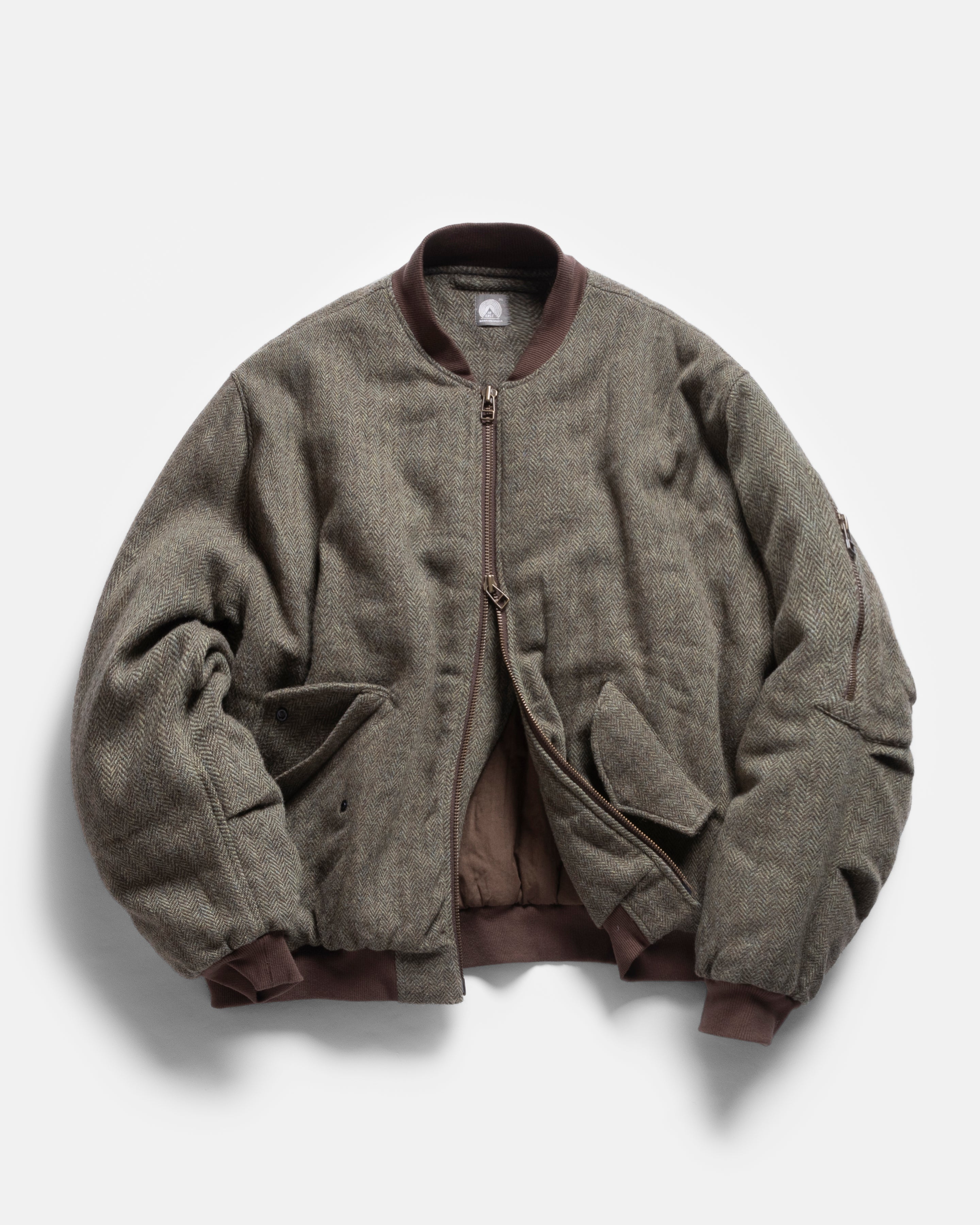 IDA INSULATED BOMBER JACKET - MOSS / BROWN HERRINGBONE WOOLEN TWEED