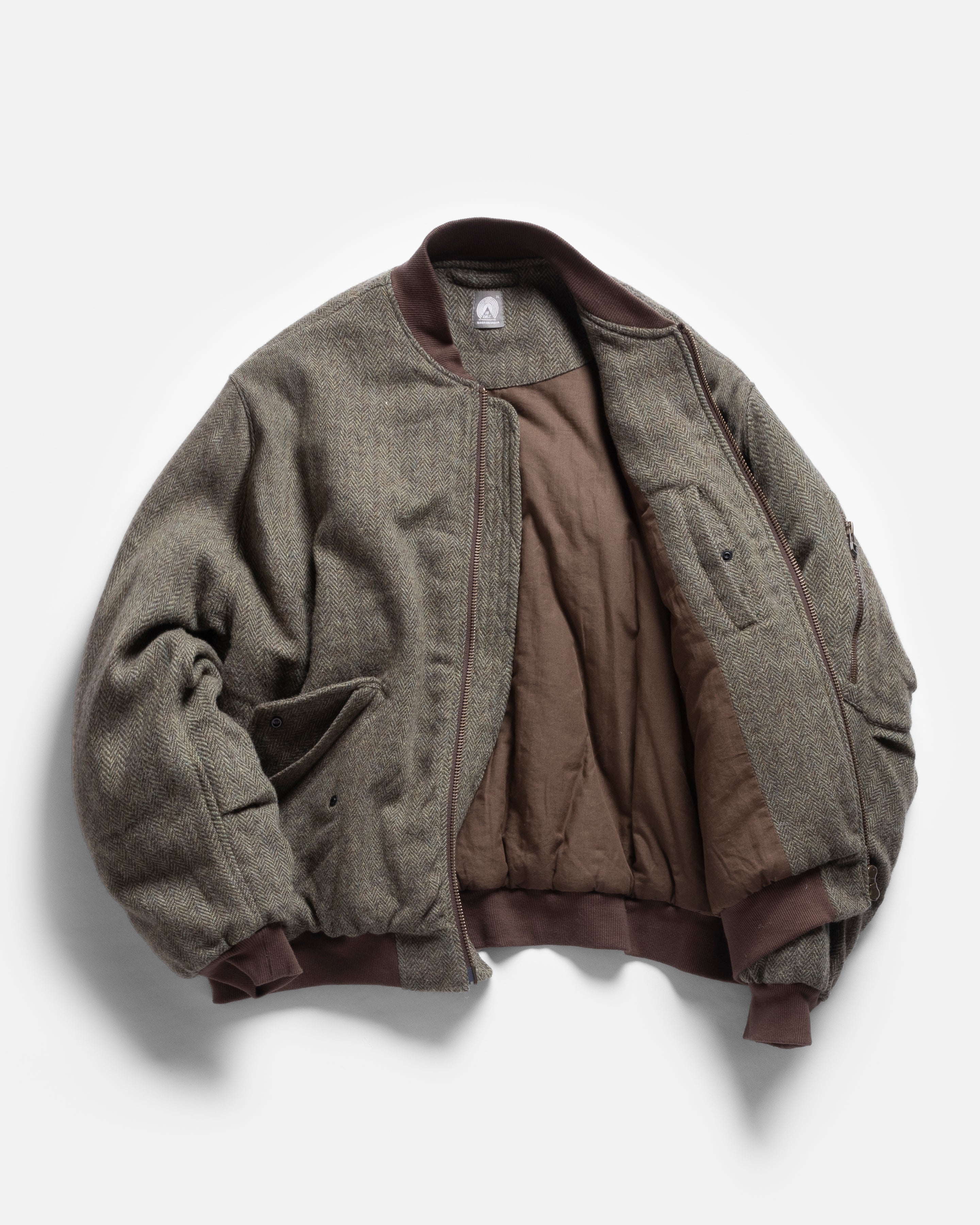 IDA INSULATED BOMBER JACKET - MOSS / BROWN HERRINGBONE WOOLEN TWEED