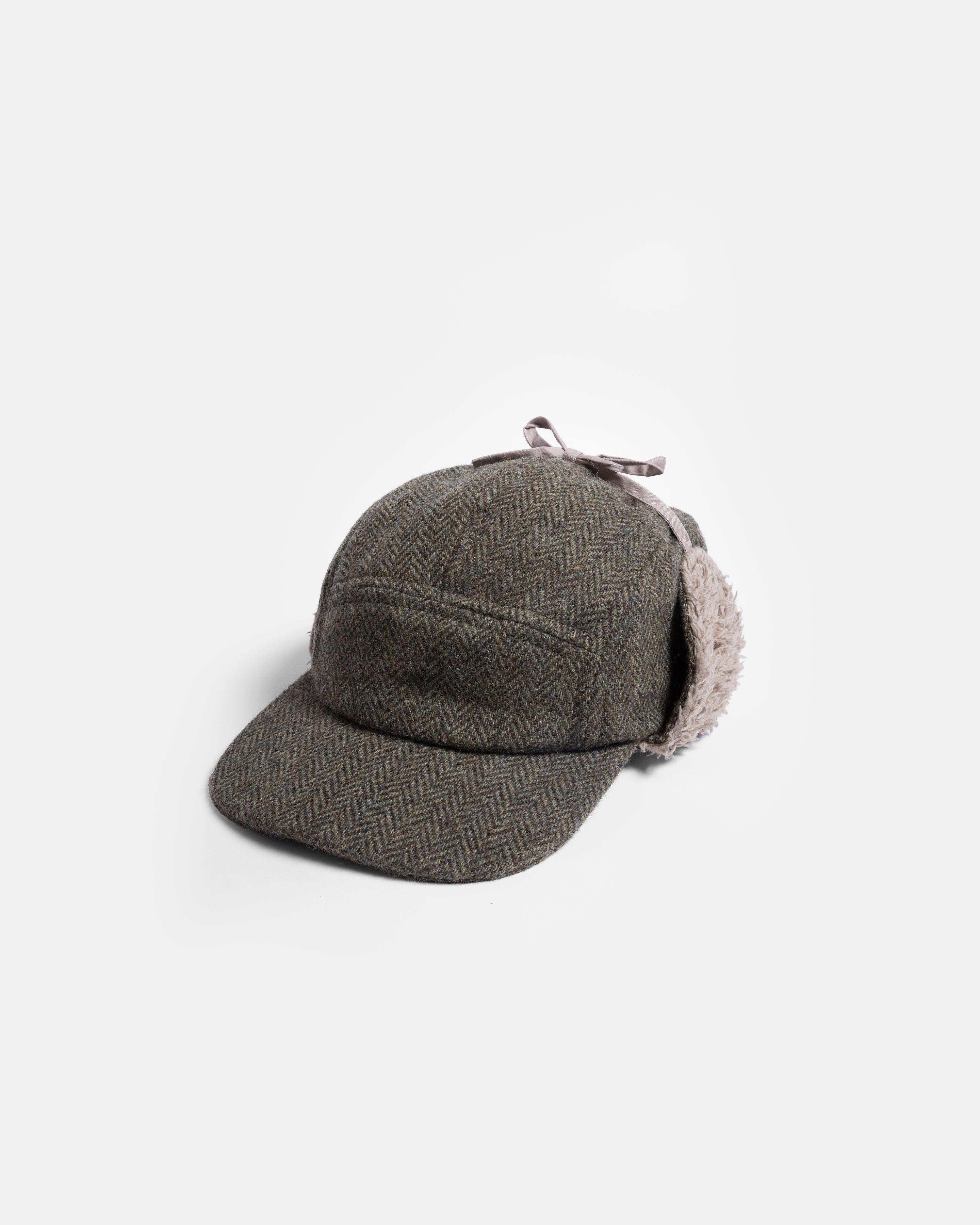 RAINIER WOOL TRAPPER HAT - MOSS / BROWN HERRINGBONE WOOLEN TWEED