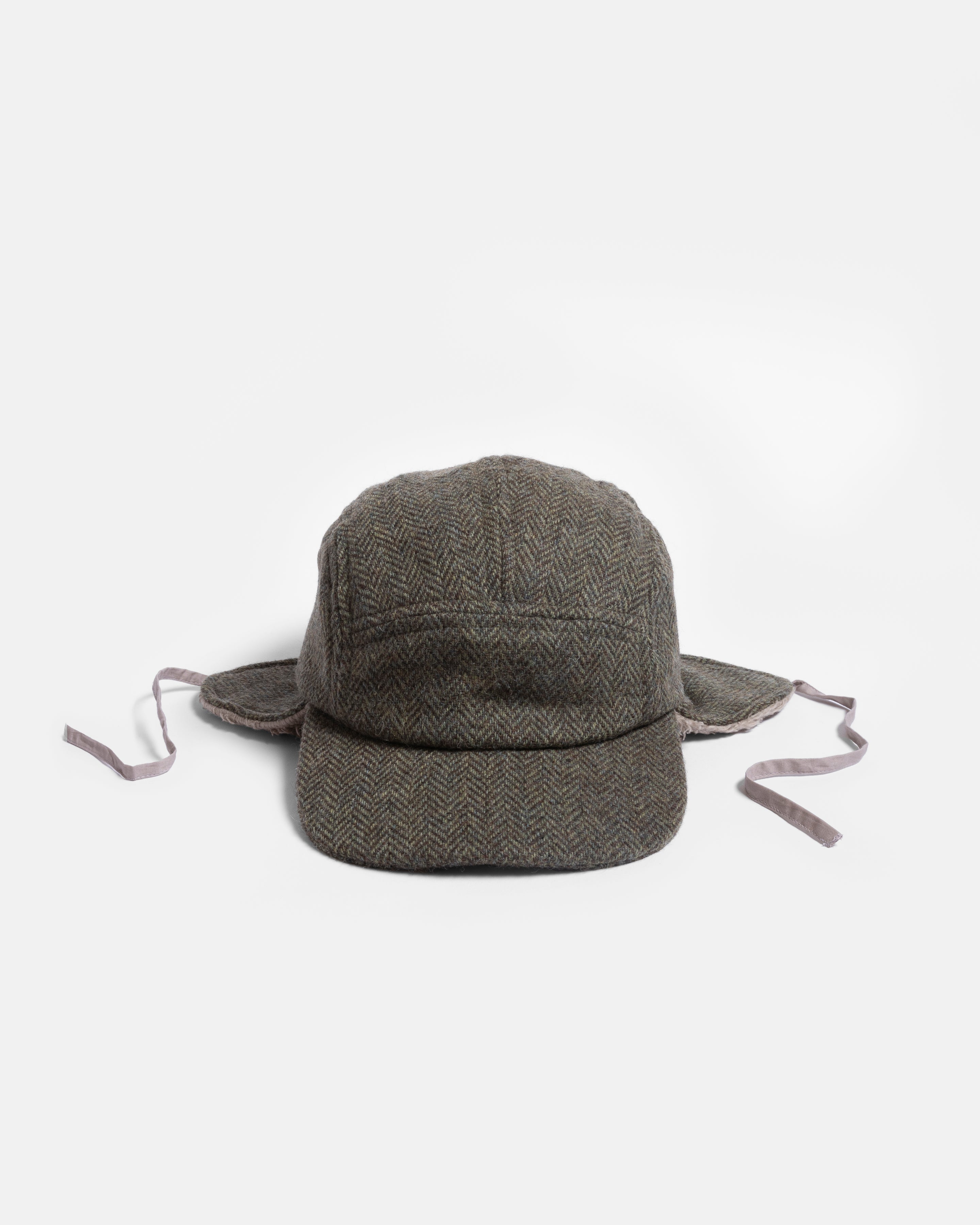 RAINIER WOOL TRAPPER HAT - MOSS / BROWN HERRINGBONE WOOLEN TWEED