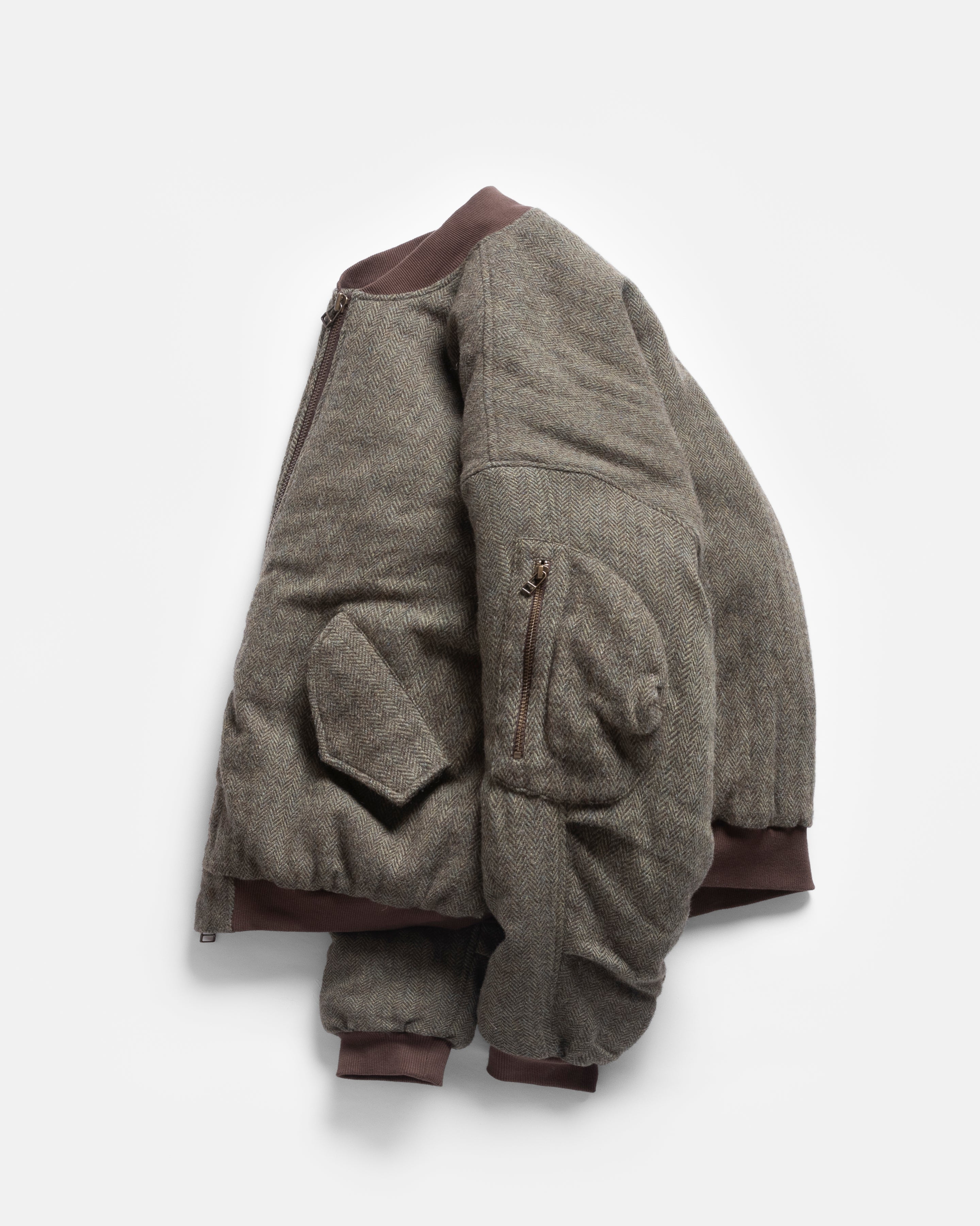 IDA INSULATED BOMBER JACKET - MOSS / BROWN HERRINGBONE WOOLEN TWEED