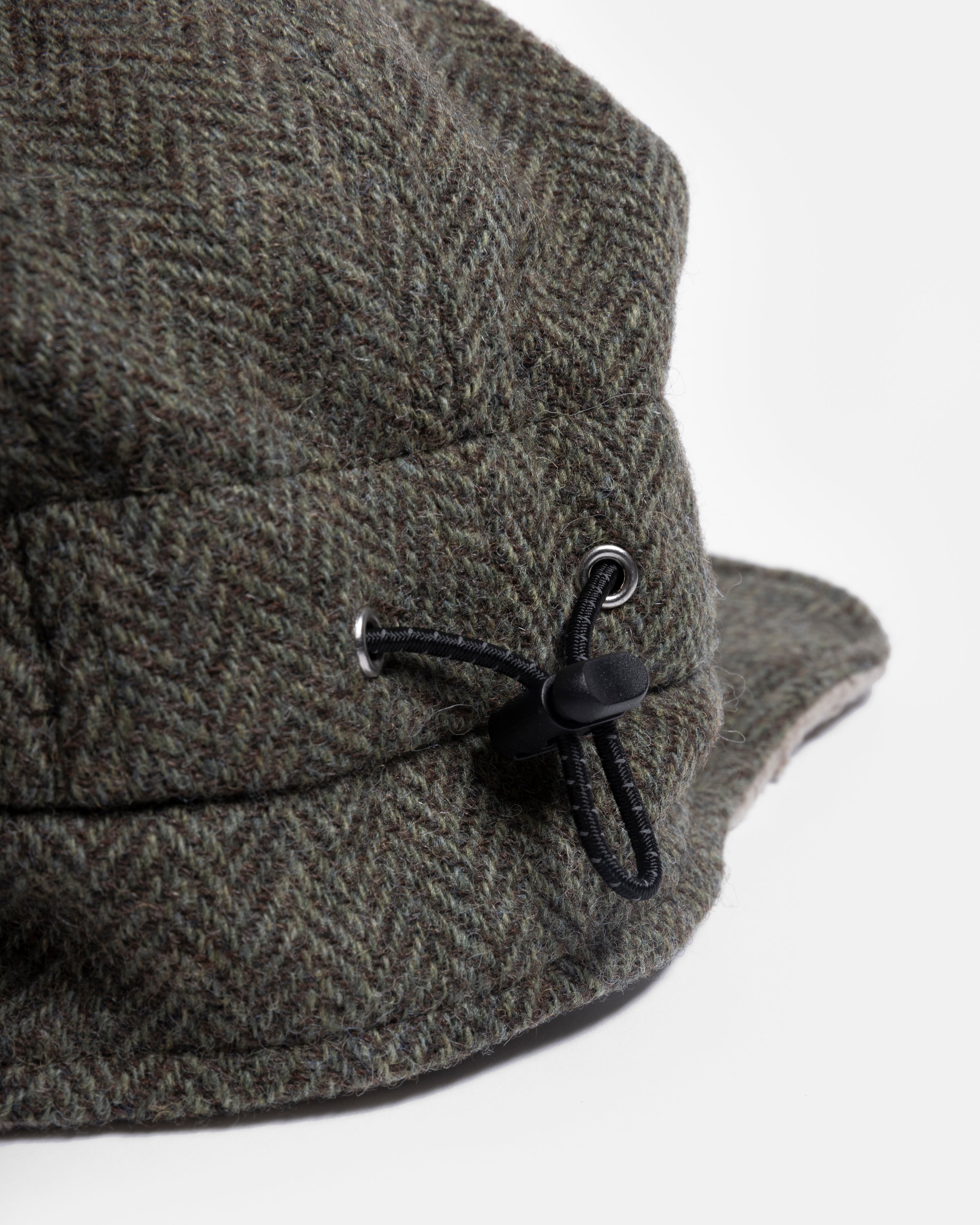 RAINIER WOOL TRAPPER HAT - MOSS / BROWN HERRINGBONE WOOLEN TWEED