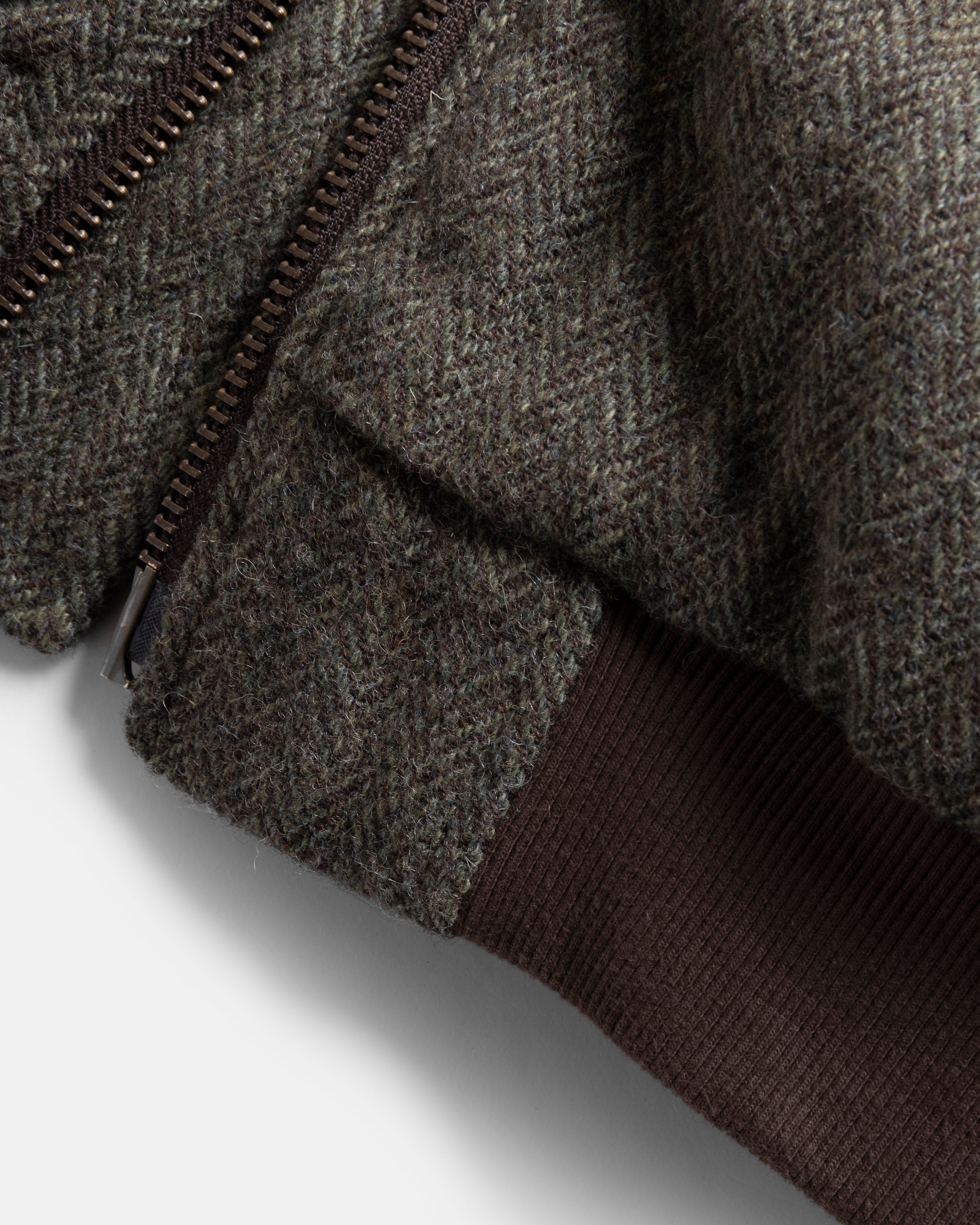 IDA INSULATED BOMBER JACKET - MOSS / BROWN HERRINGBONE WOOLEN TWEED