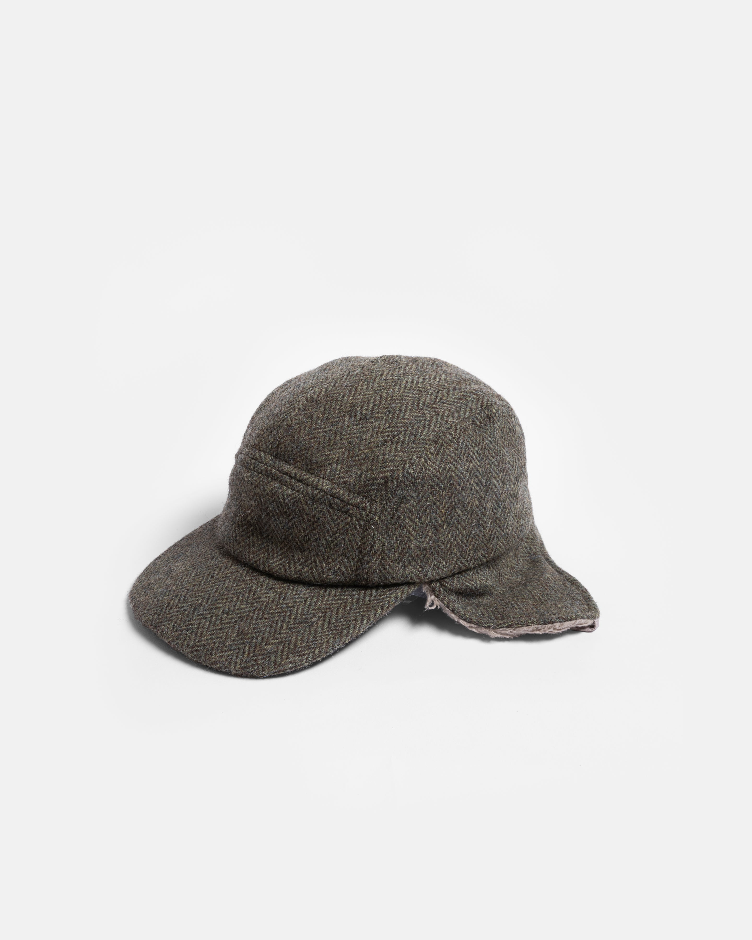 RAINIER WOOL TRAPPER HAT - MOSS / BROWN HERRINGBONE WOOLEN TWEED