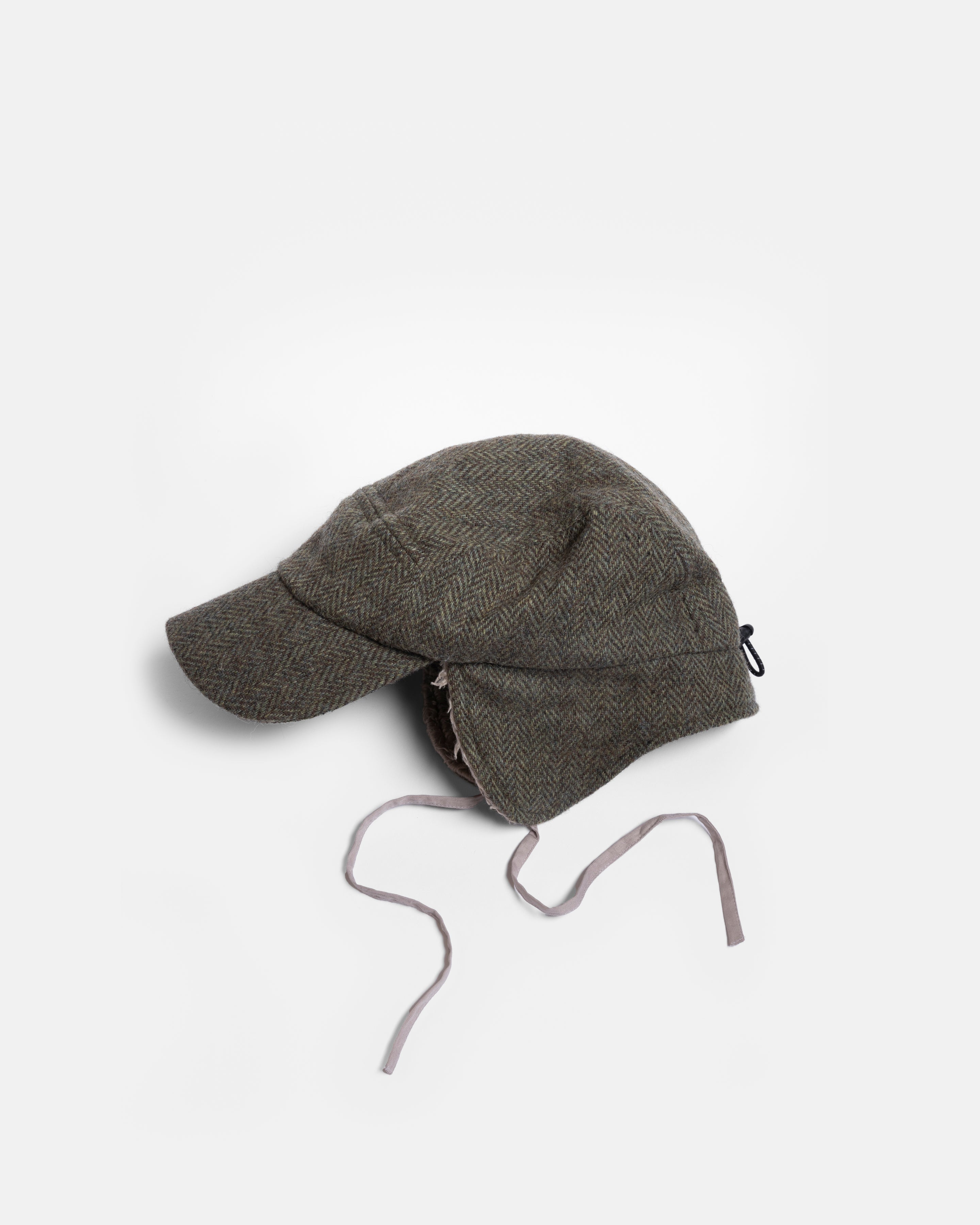 RAINIER WOOL TRAPPER HAT - MOSS / BROWN HERRINGBONE WOOLEN TWEED