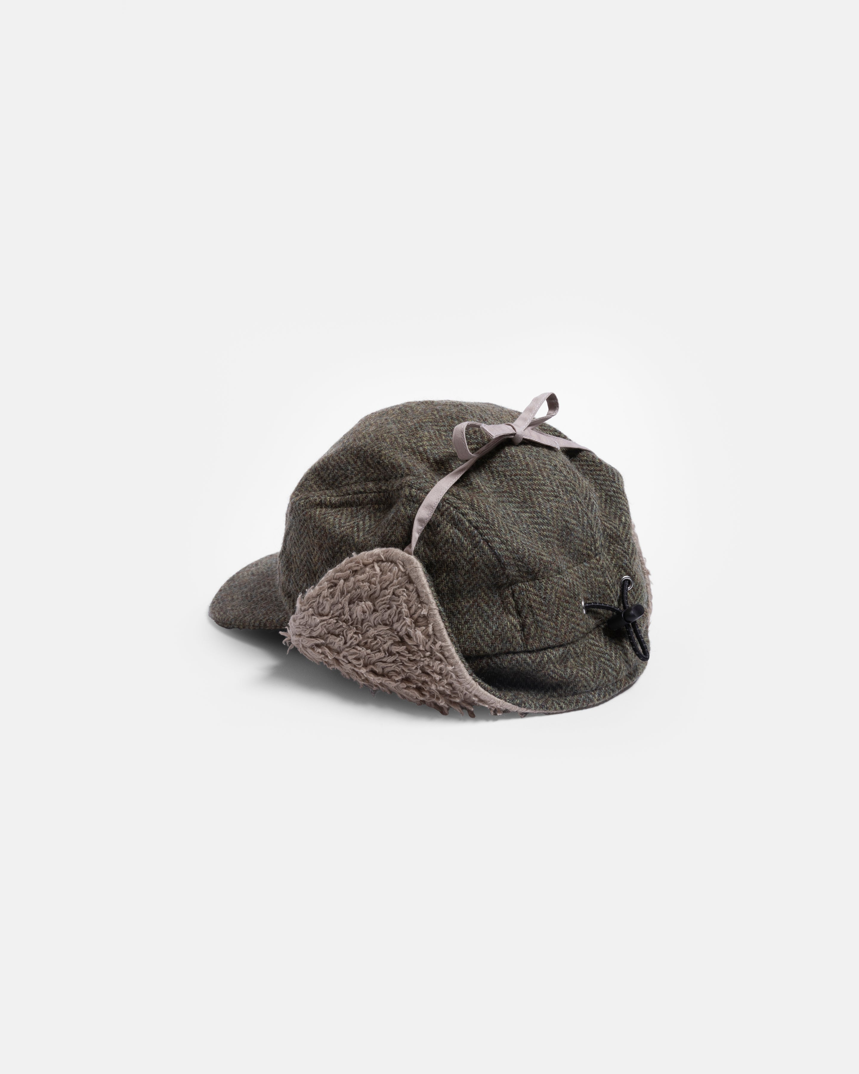 RAINIER WOOL TRAPPER HAT - MOSS / BROWN HERRINGBONE WOOLEN TWEED