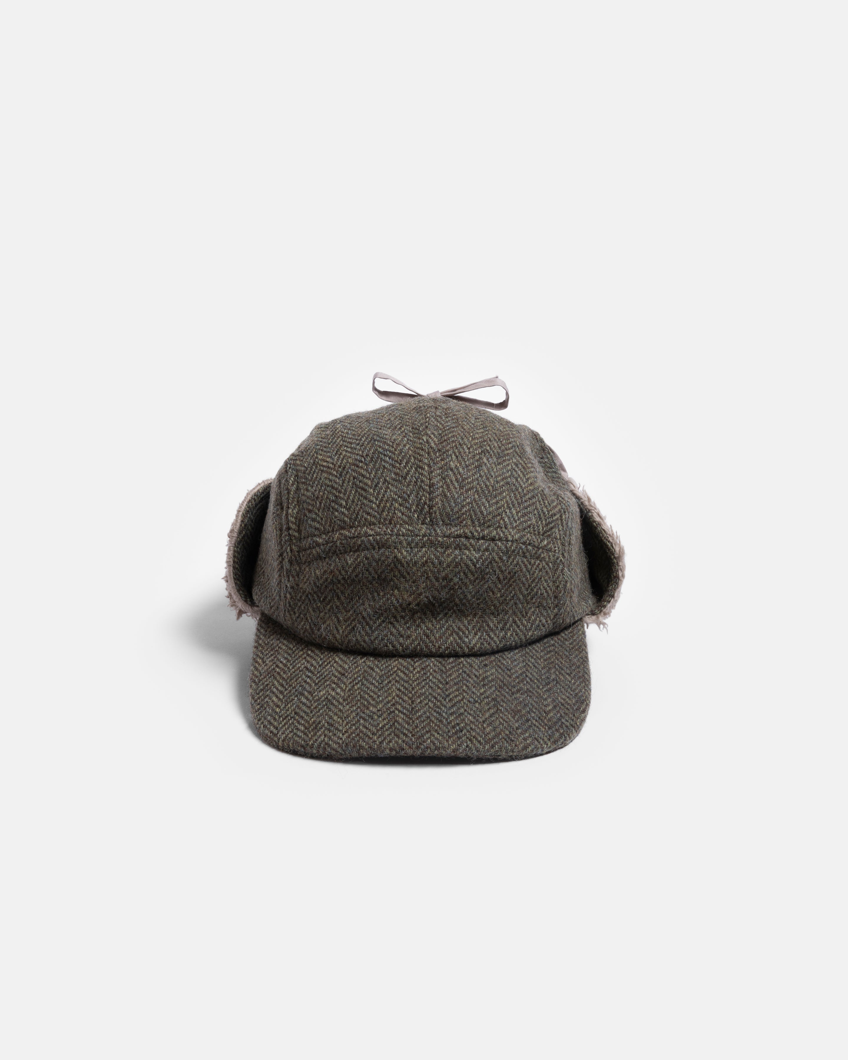 RAINIER WOOL TRAPPER HAT - MOSS / BROWN HERRINGBONE WOOLEN TWEED