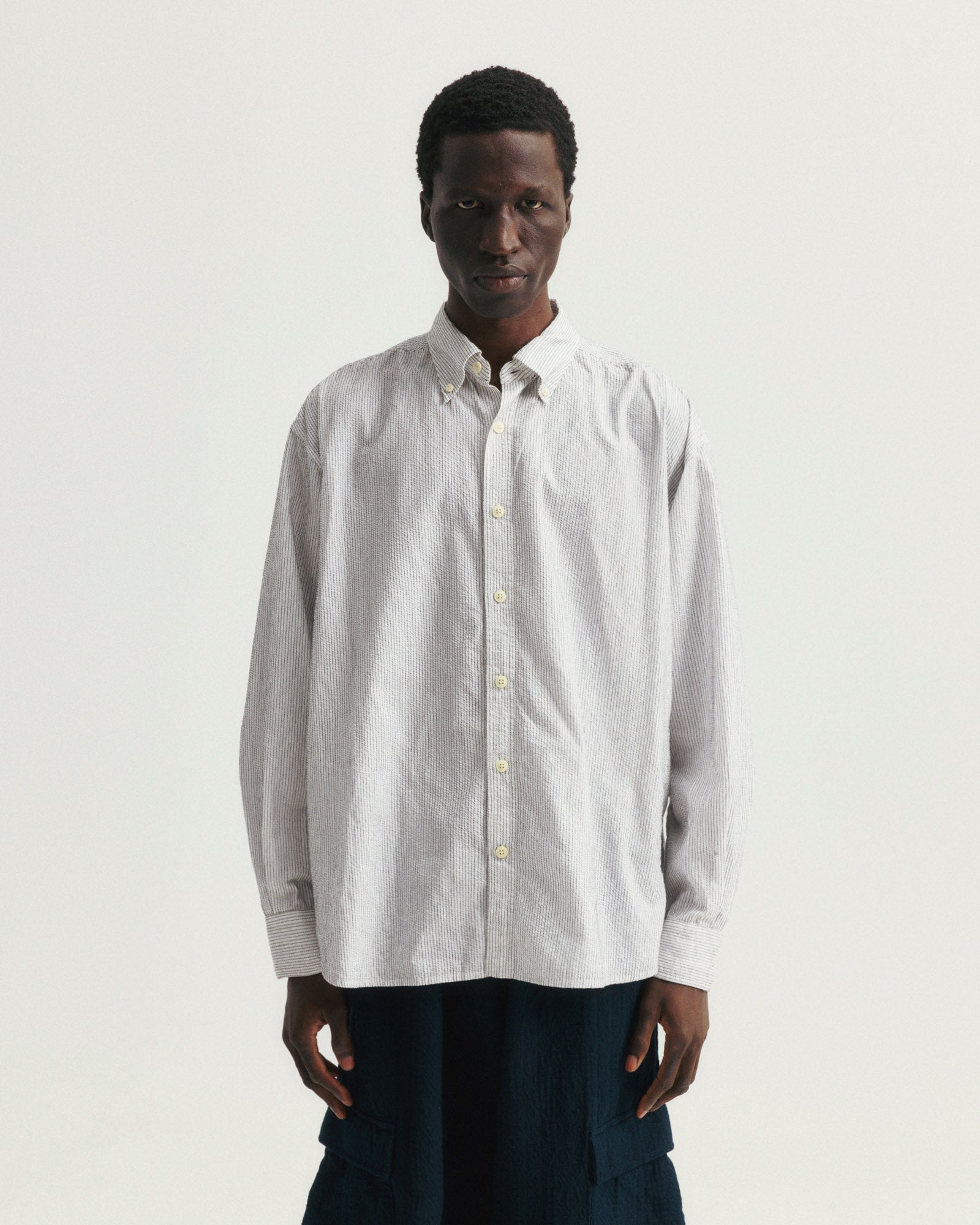 AMER EASTERN BUTTON DOWN SHIRT - WHITE POPLIN WITH BLACK EMBROIDERED PENCIL STRIPES