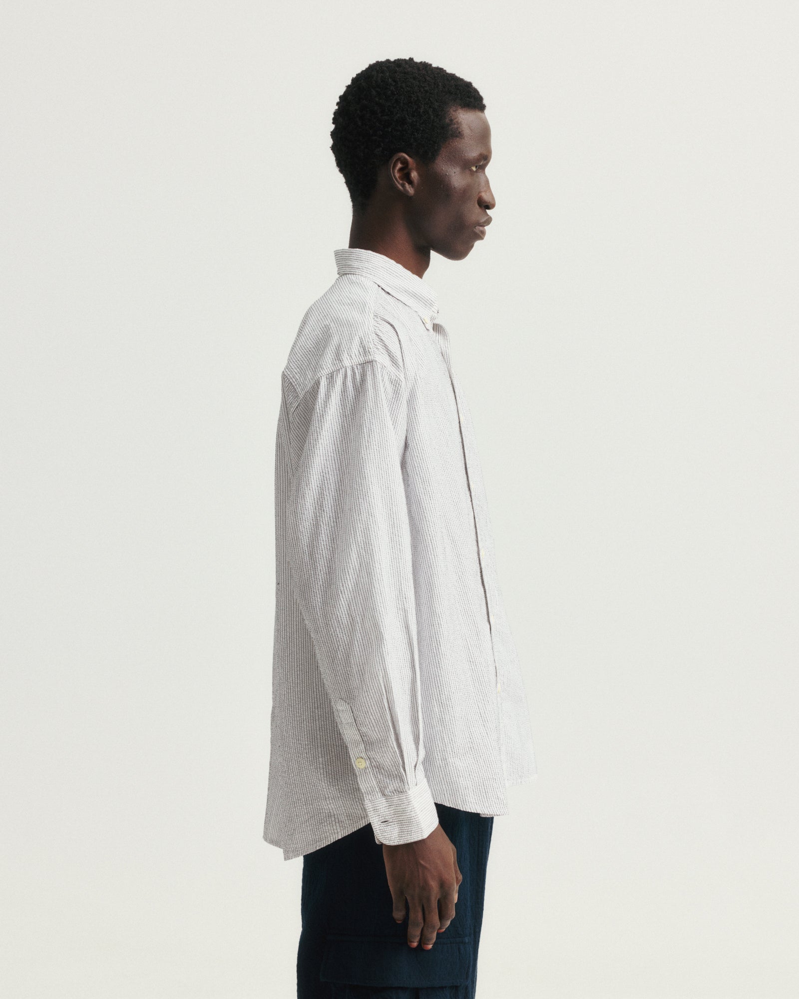 AMER EASTERN BUTTON DOWN SHIRT - WHITE POPLIN WITH BLACK EMBROIDERED PENCIL STRIPES