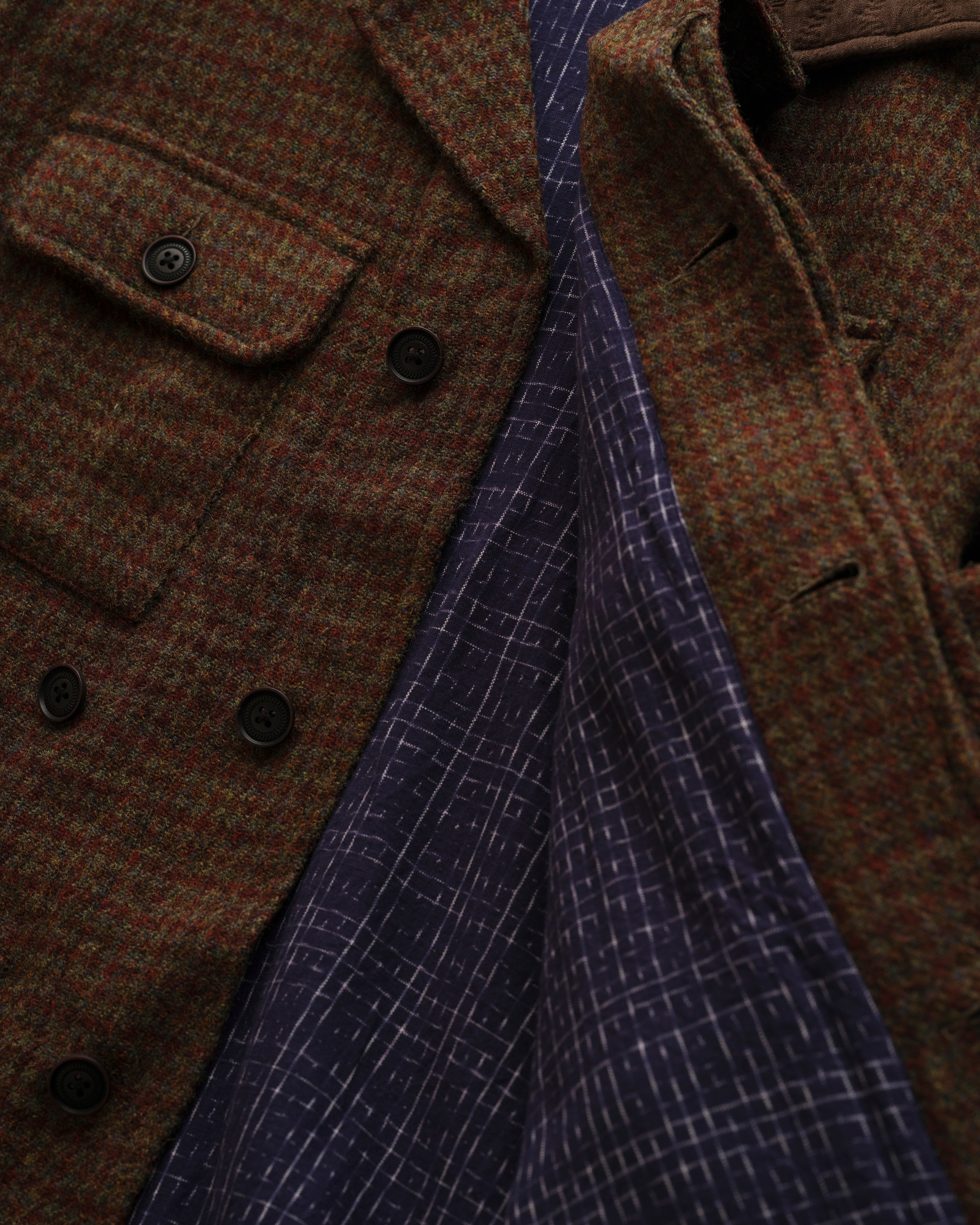 ENGLE MULTI POCKET HUNTING COAT - OLIVE / UMBER GUNCHECK WOOLEN TWEED