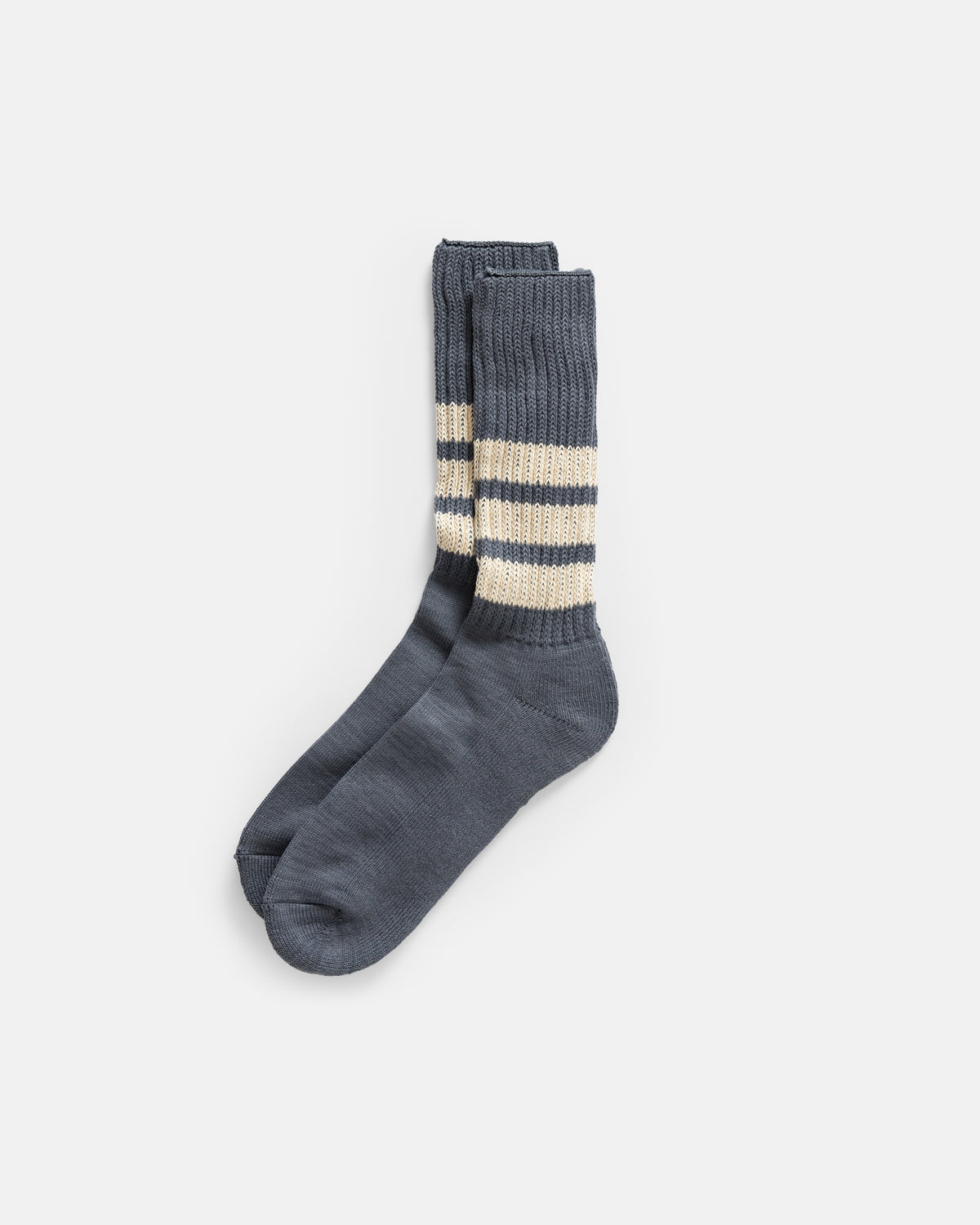 ROTOTO COARSE RIBBED OLDSCHOOL CREW SOCKS - FADED BLUE / IVORY