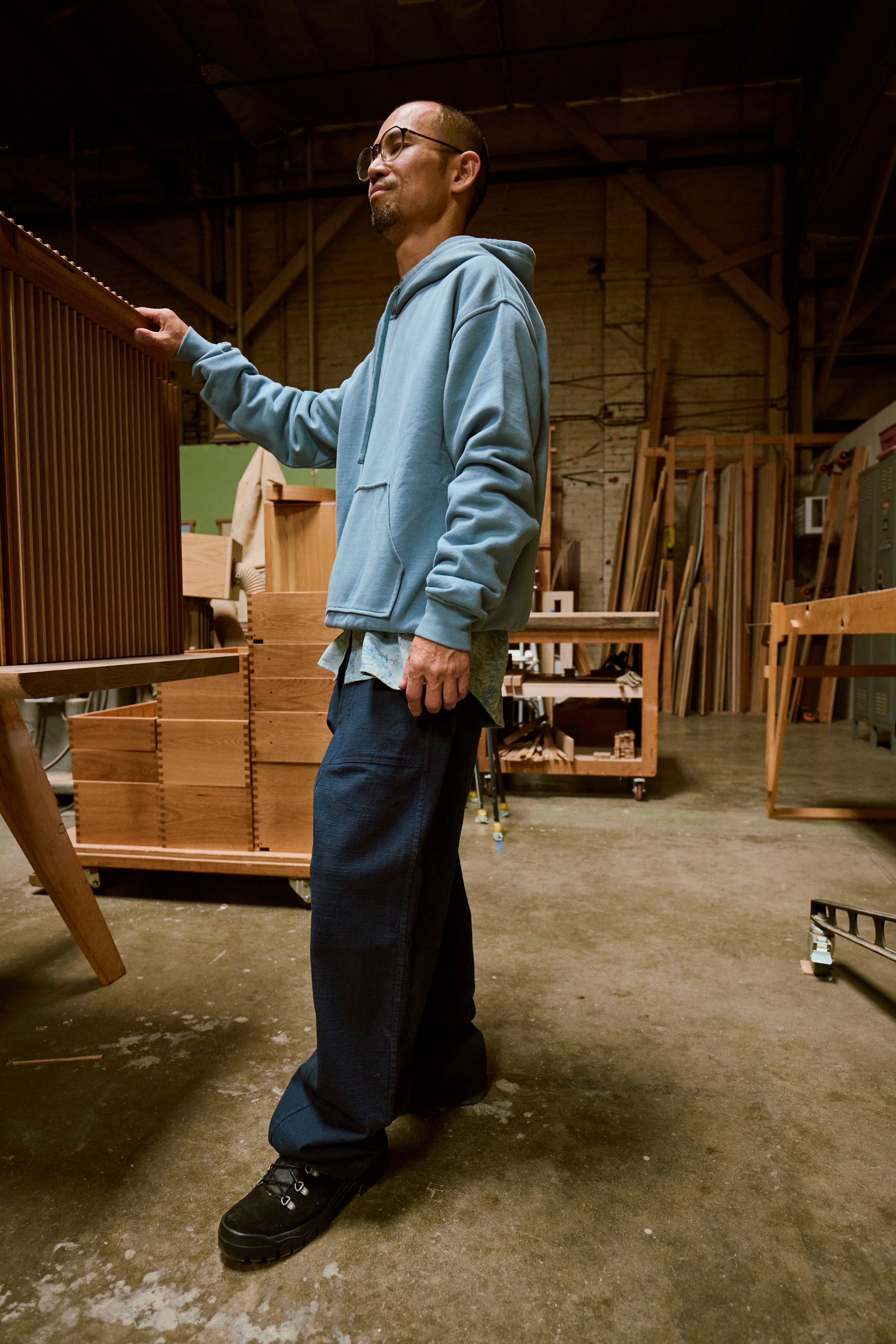 ROY BAKER PANT - WASHED NAVY COTTON THICK & THIN BASKETWEAVE