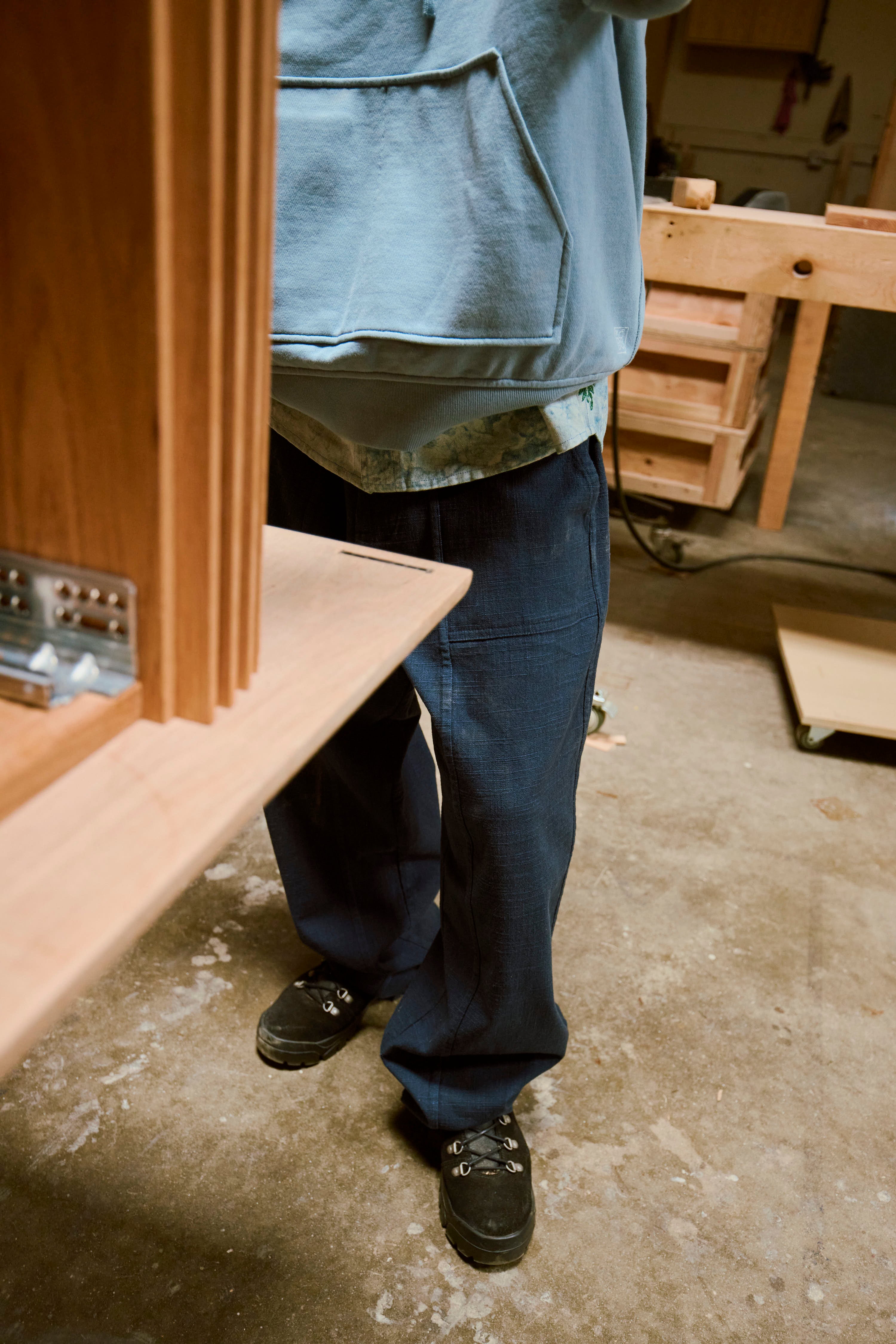 ROY BAKER PANT - WASHED NAVY COTTON THICK & THIN BASKETWEAVE