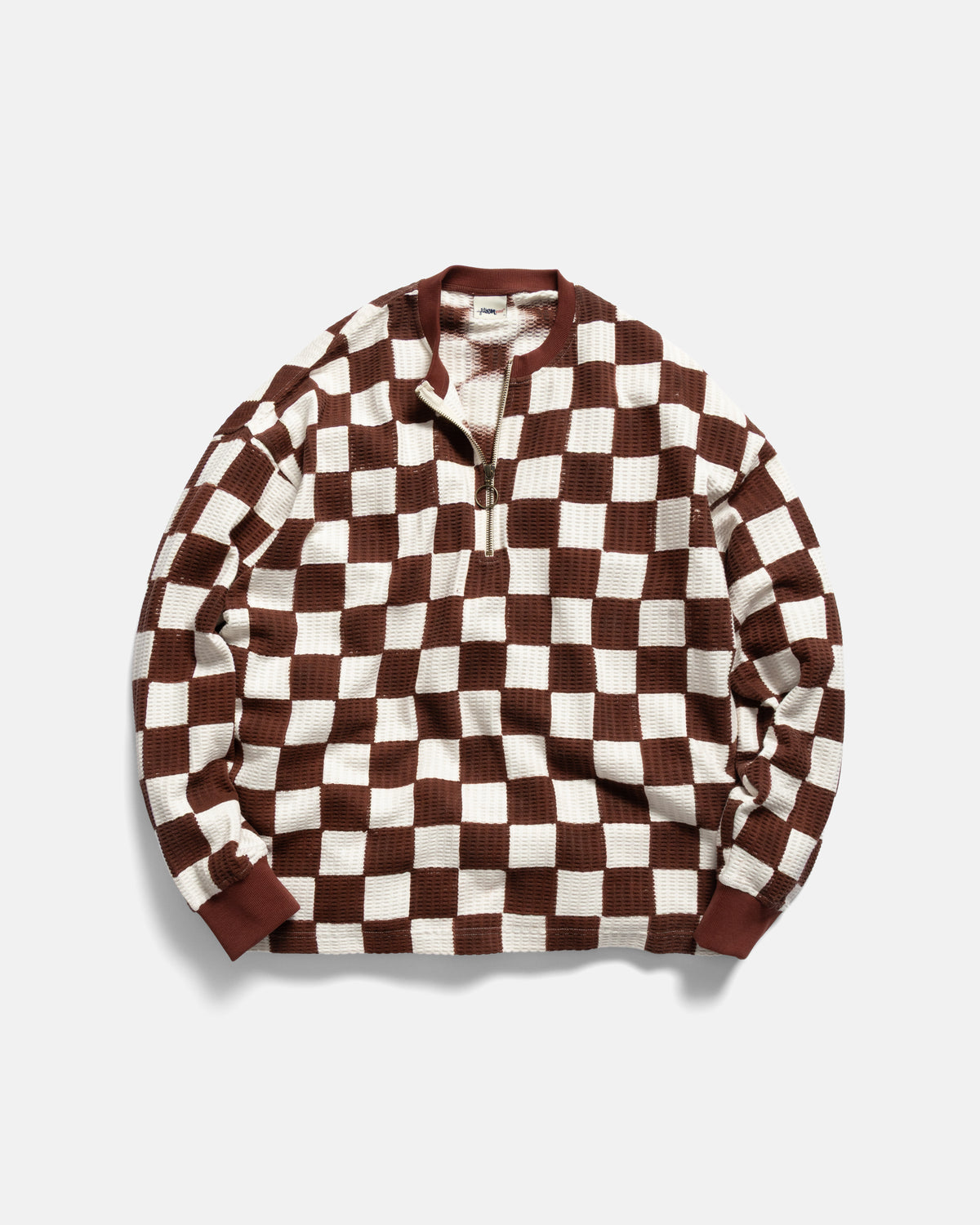 AJ QUARTER ZIP CREW - CRIMSON / SALT BLOCK PRINTED CHECKERBOARD COTTON THERMAL