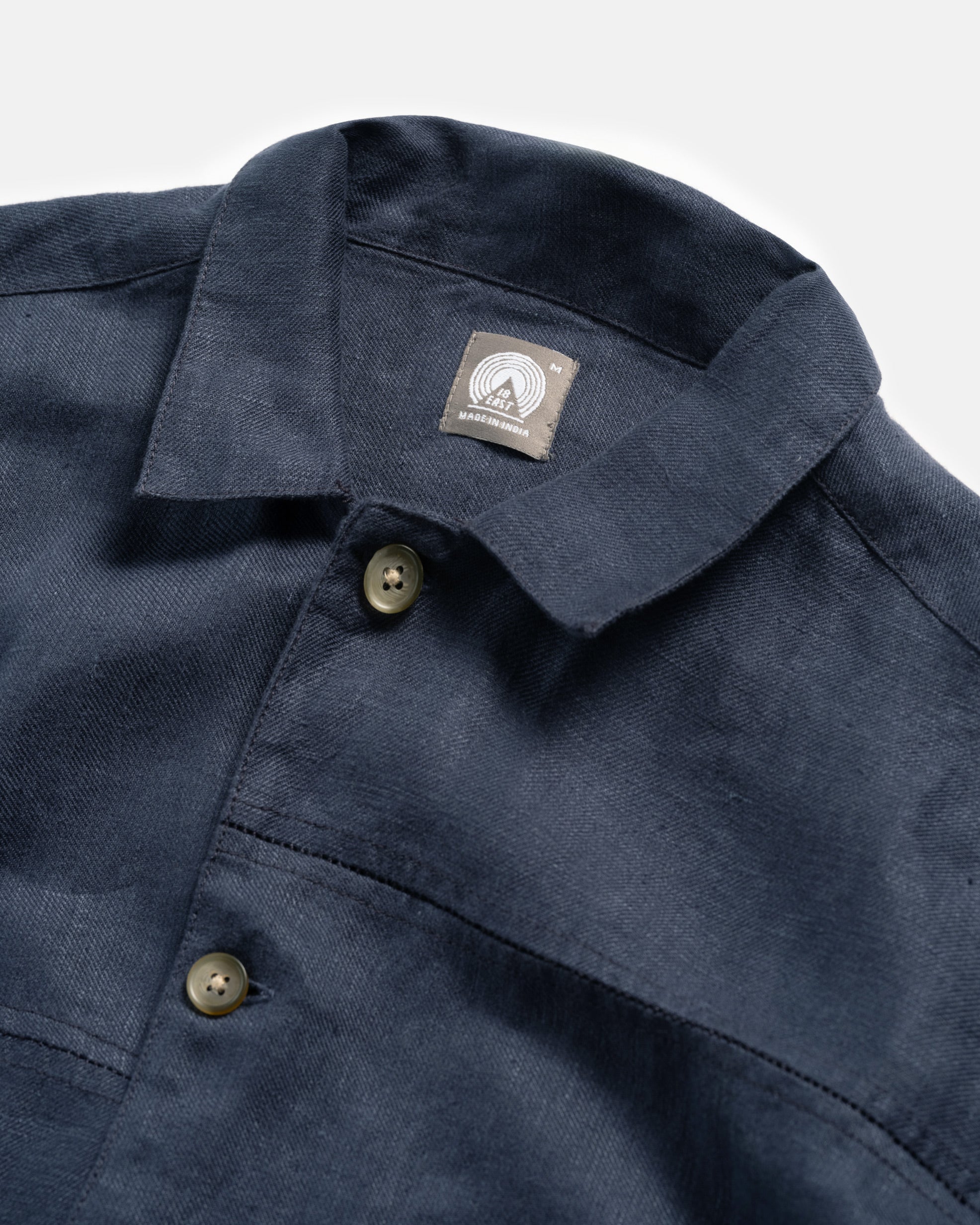 SS AGEROLA LATTICE STITCHED PATCHWORK SHIRT- NAVY LINEN TWILL