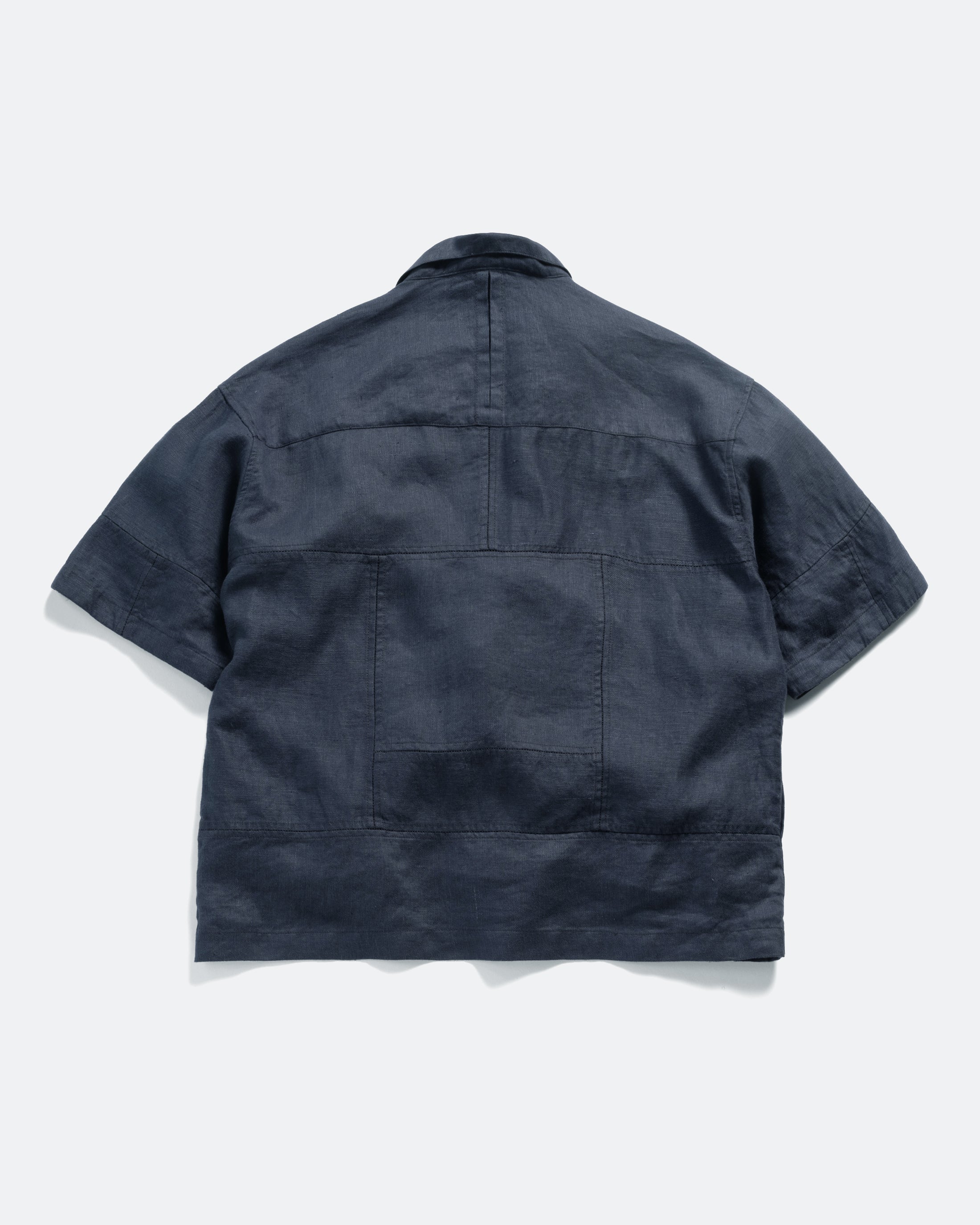 SS AGEROLA LATTICE STITCHED PATCHWORK SHIRT- NAVY LINEN TWILL