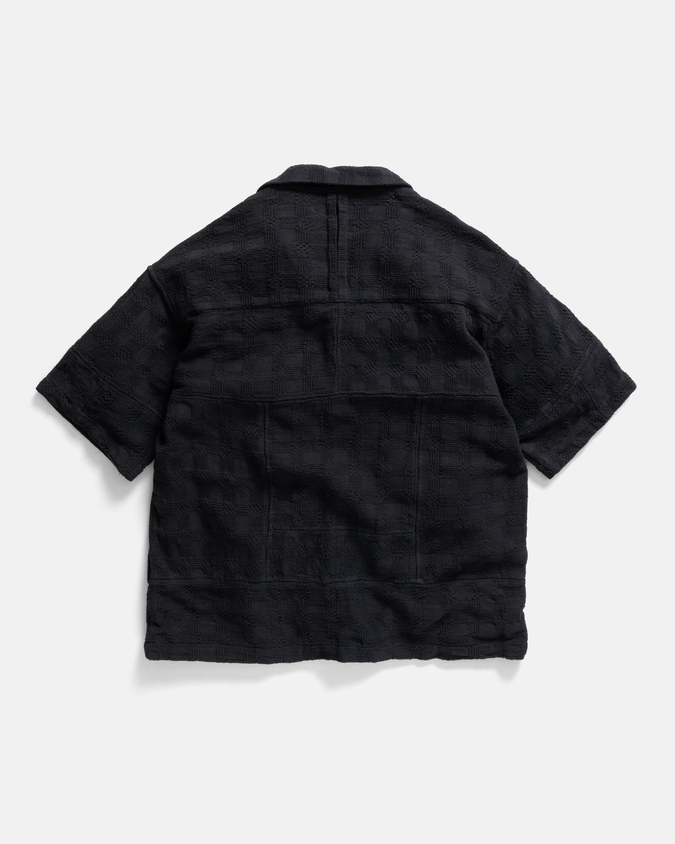 SS AGEROLA LATTICE STITCHED PATCHWORK SHIRT- WASHED BLACK COTTON 3D HANDWOVEN PLAID