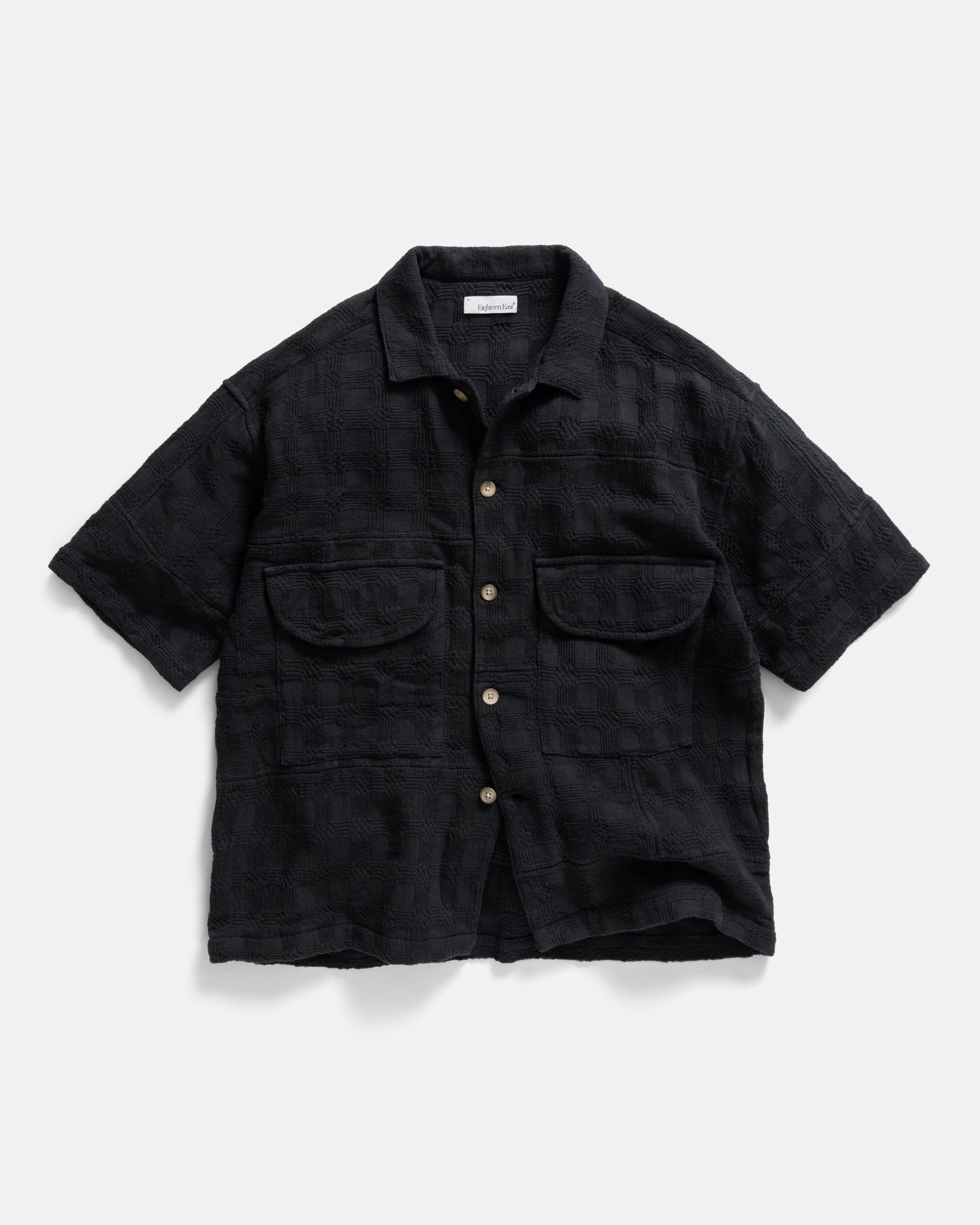SS AGEROLA LATTICE STITCHED PATCHWORK SHIRT- WASHED BLACK COTTON 3D HANDWOVEN PLAID