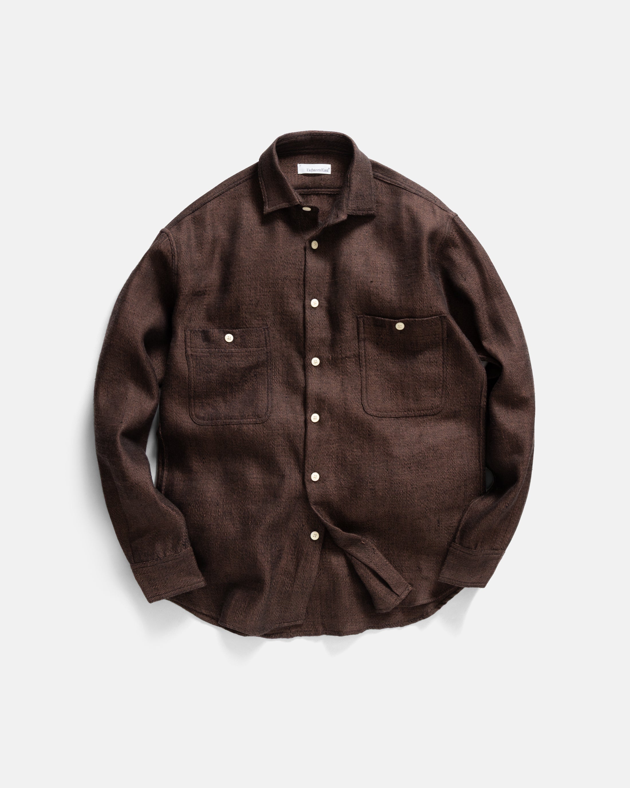 ALBERTO "PER LAVORO" SHIRT - CHOCOLATE / BLACK WOOL AND LINEN KHADI TWILL