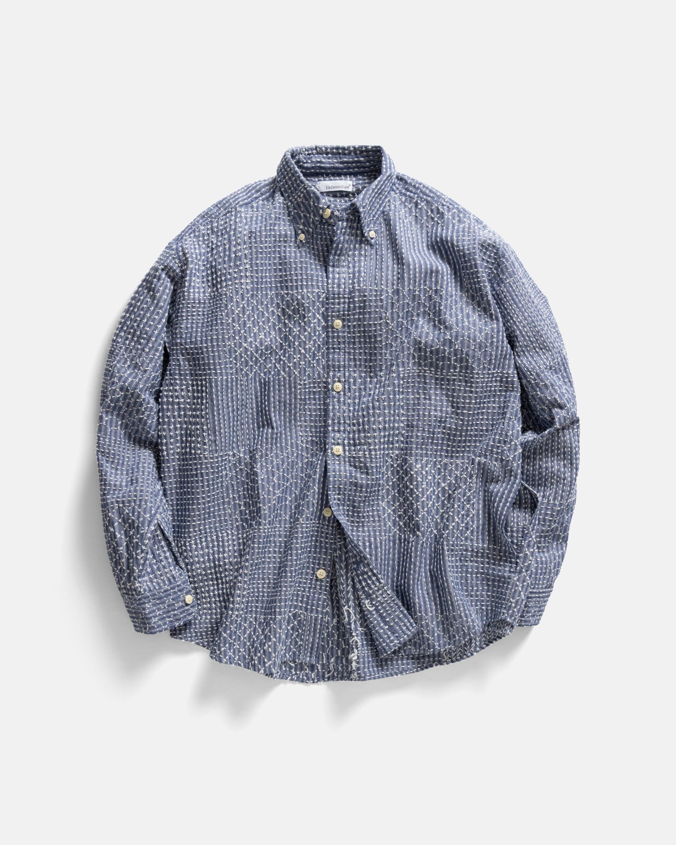 AMER EASTERN BUTTON DOWN SHIRT - FRENCH BLUE / LATTE PATCHWORK KANTHA STITCHED STRIPED COTTON CHAMBRAY