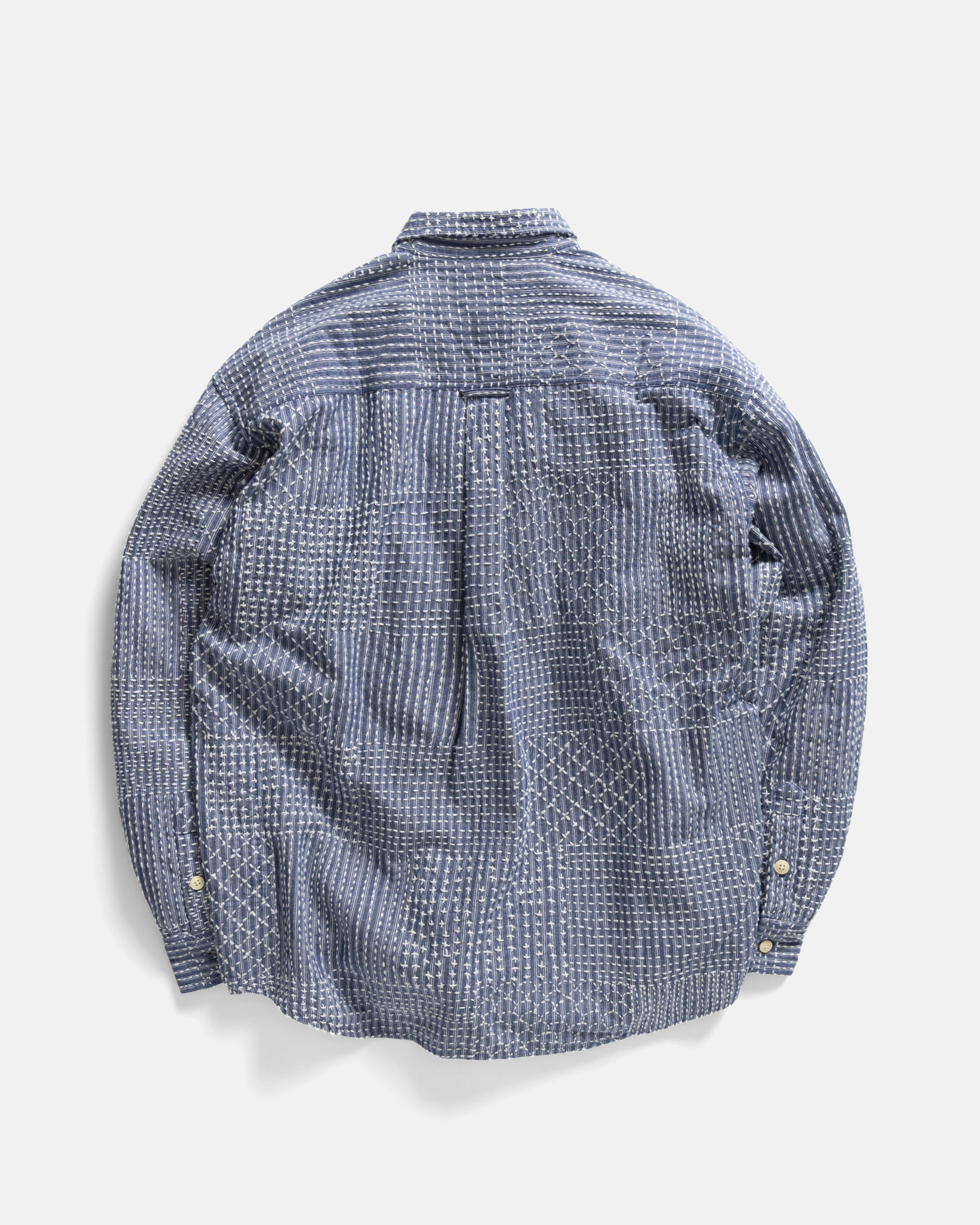AMER EASTERN BUTTON DOWN SHIRT - FRENCH BLUE / LATTE PATCHWORK KANTHA STITCHED STRIPED COTTON CHAMBRAY