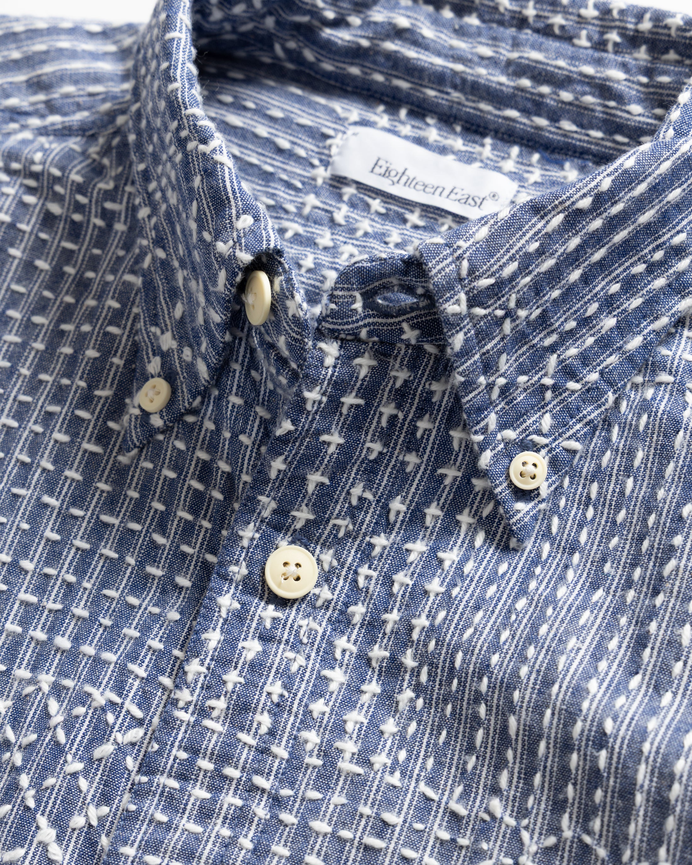 AMER EASTERN BUTTON DOWN SHIRT - FRENCH BLUE / LATTE PATCHWORK KANTHA STITCHED STRIPED COTTON CHAMBRAY