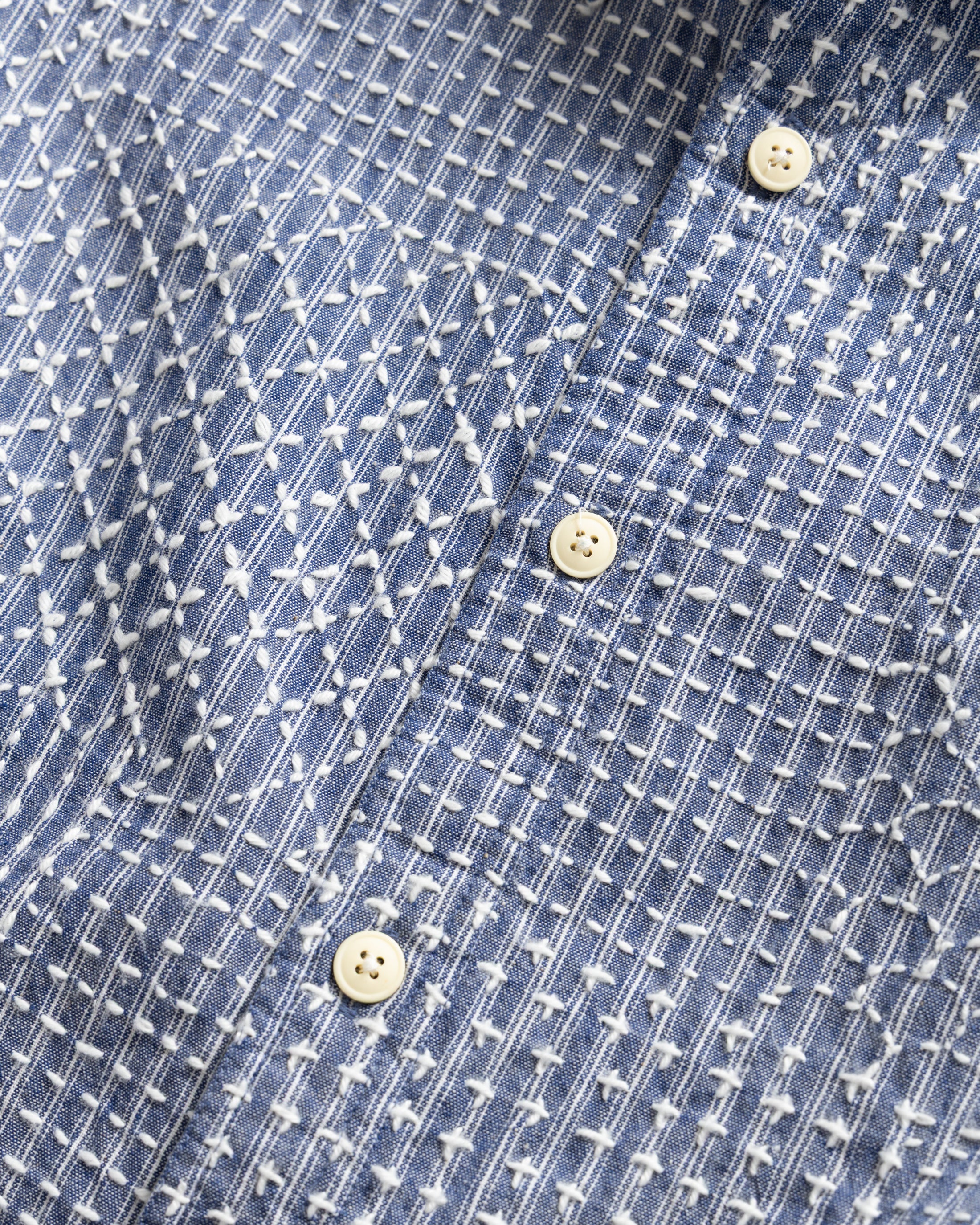 AMER EASTERN BUTTON DOWN SHIRT - FRENCH BLUE / LATTE PATCHWORK KANTHA STITCHED STRIPED COTTON CHAMBRAY