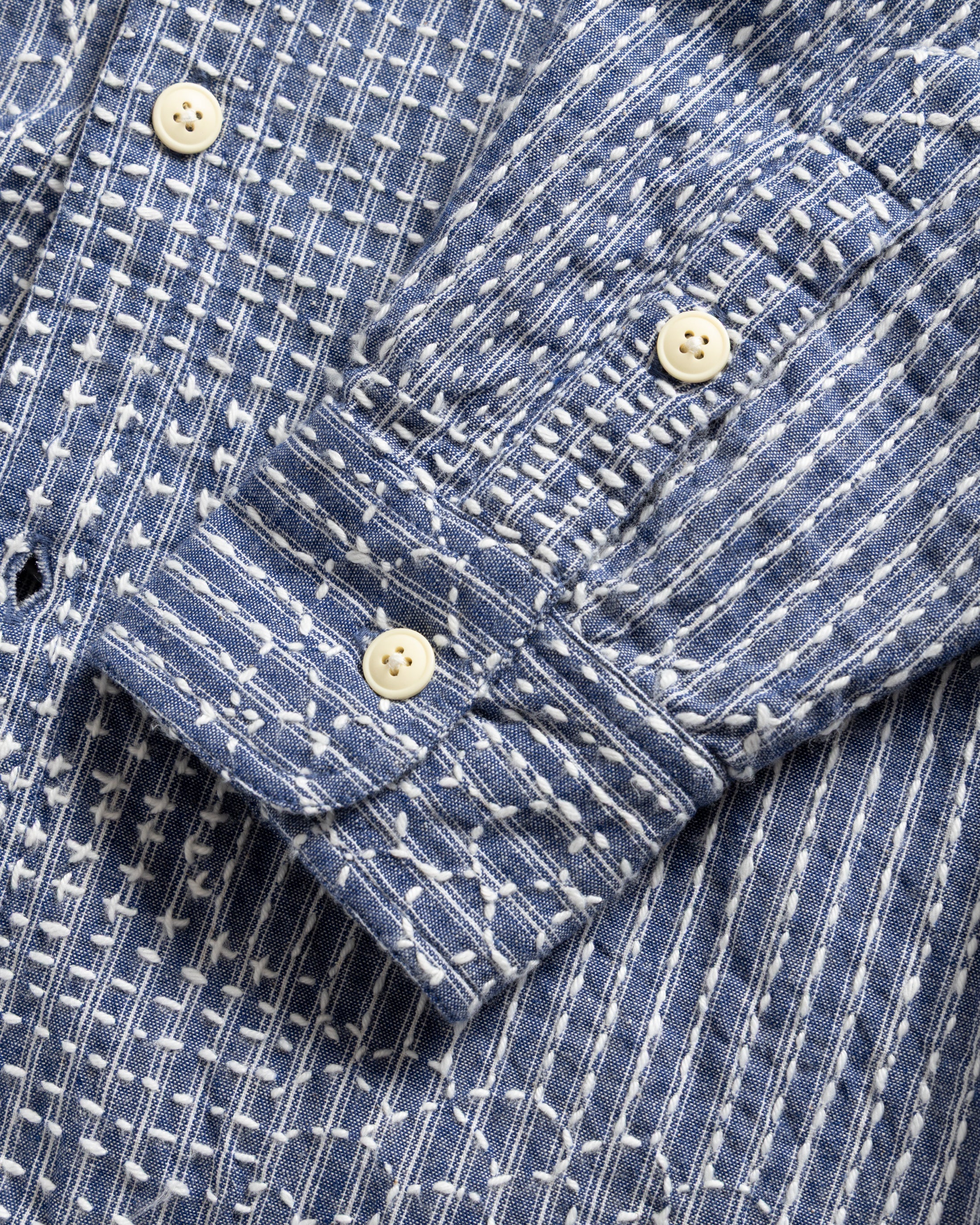 AMER EASTERN BUTTON DOWN SHIRT - FRENCH BLUE / LATTE PATCHWORK KANTHA STITCHED STRIPED COTTON CHAMBRAY