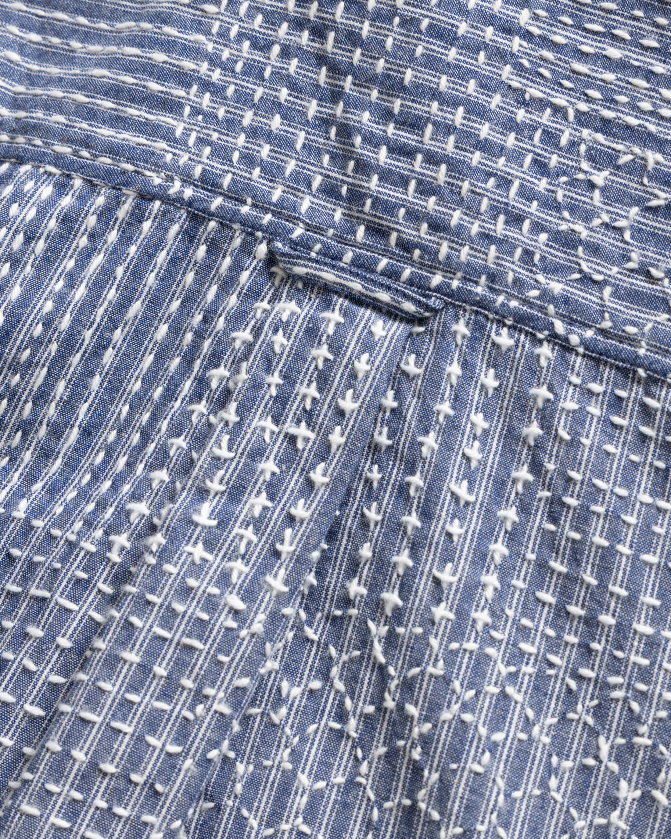 AMER EASTERN BUTTON DOWN SHIRT - FRENCH BLUE / LATTE PATCHWORK KANTHA STITCHED STRIPED COTTON CHAMBRAY
