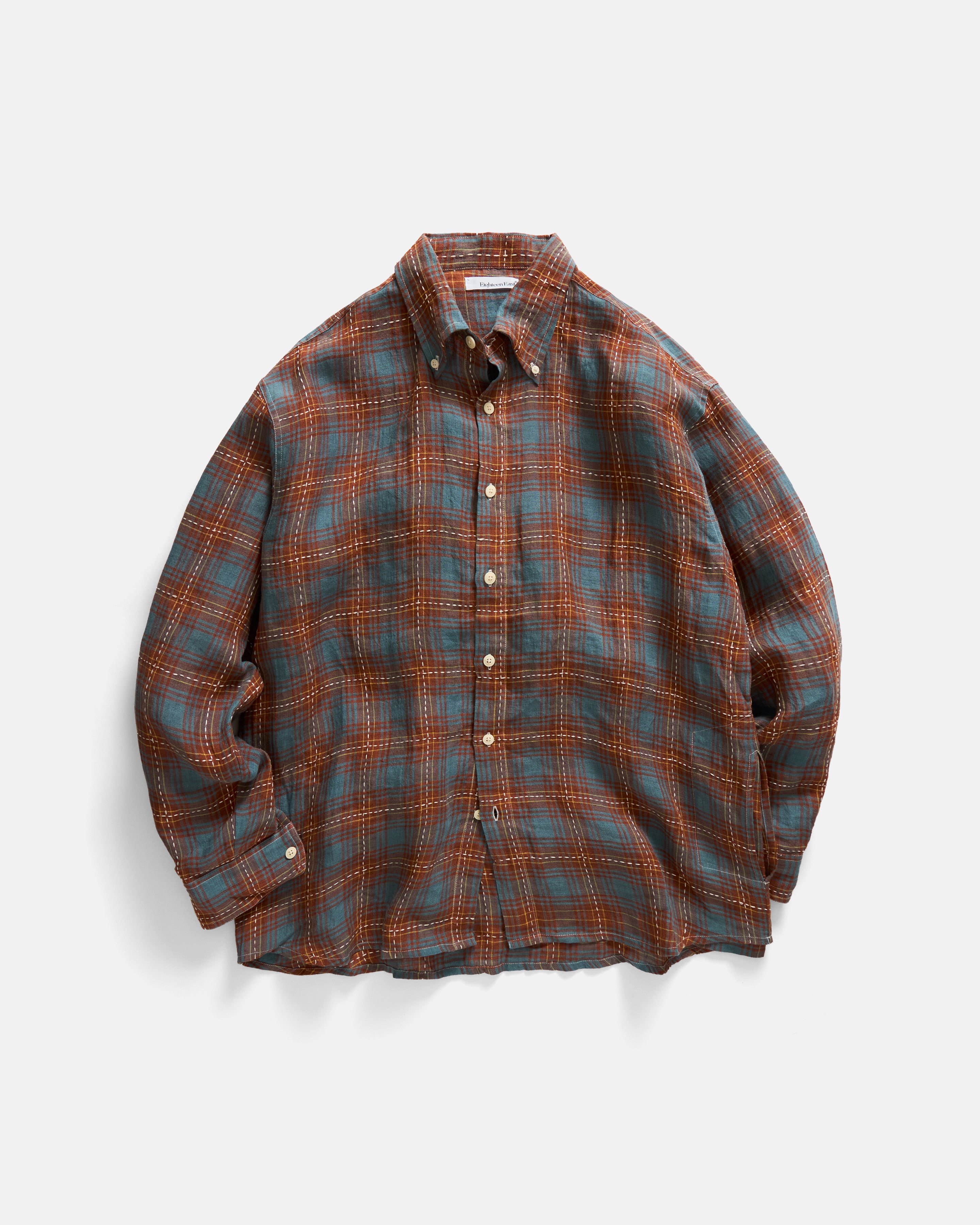 AMER EASTERN BUTTON DOWN SHIRT - RUSSET BROWN / CLEAR BLUE / GOLDENROD BELGIAN LINEN PLAID WITH WHITE HAND-EMBROIDERED DECO CHECK