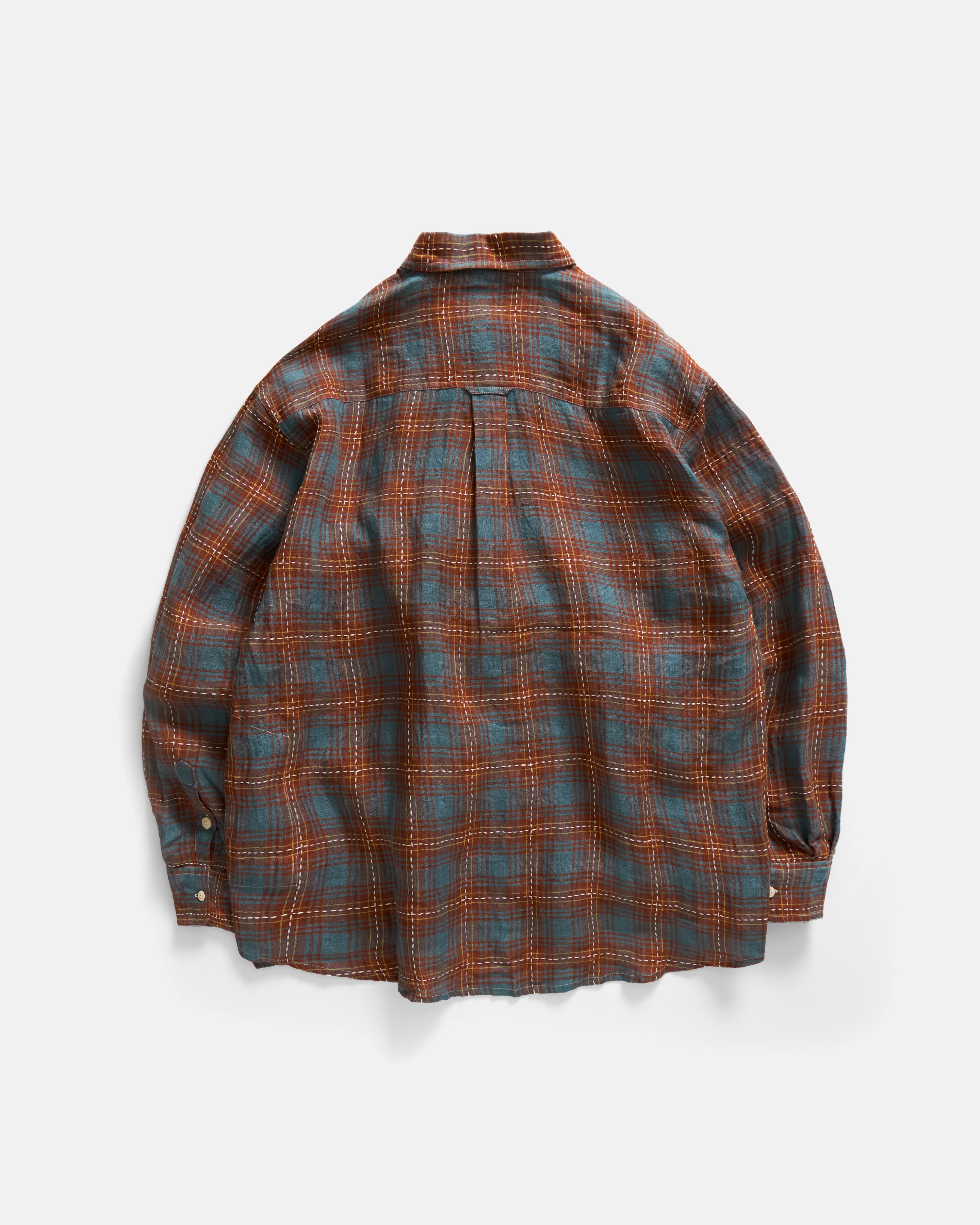 AMER EASTERN BUTTON DOWN SHIRT - RUSSET BROWN / CLEAR BLUE / GOLDENROD BELGIAN LINEN PLAID WITH WHITE HAND-EMBROIDERED DECO CHECK