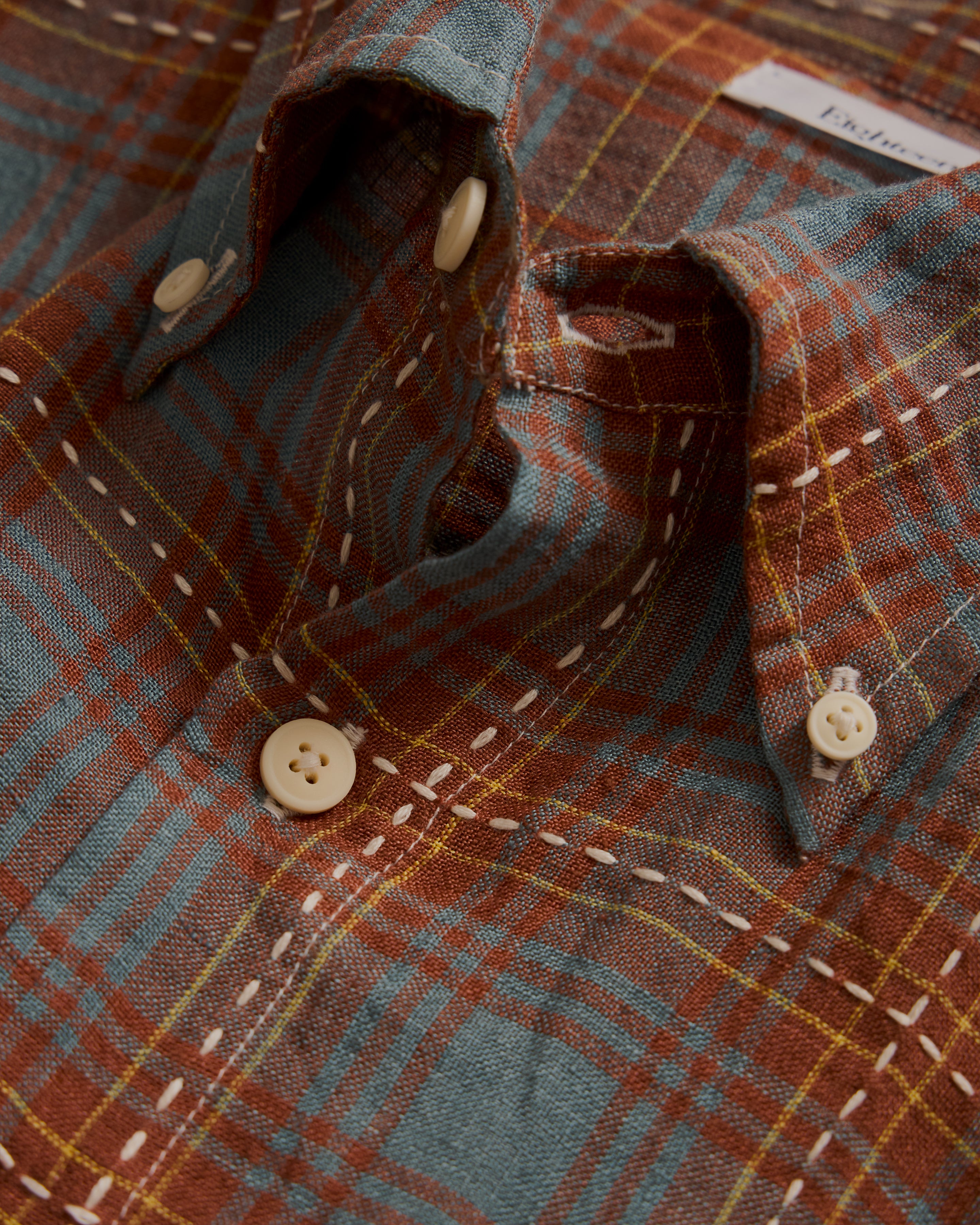 AMER EASTERN BUTTON DOWN SHIRT - RUSSET BROWN / CLEAR BLUE / GOLDENROD BELGIAN LINEN PLAID WITH WHITE HAND-EMBROIDERED DECO CHECK