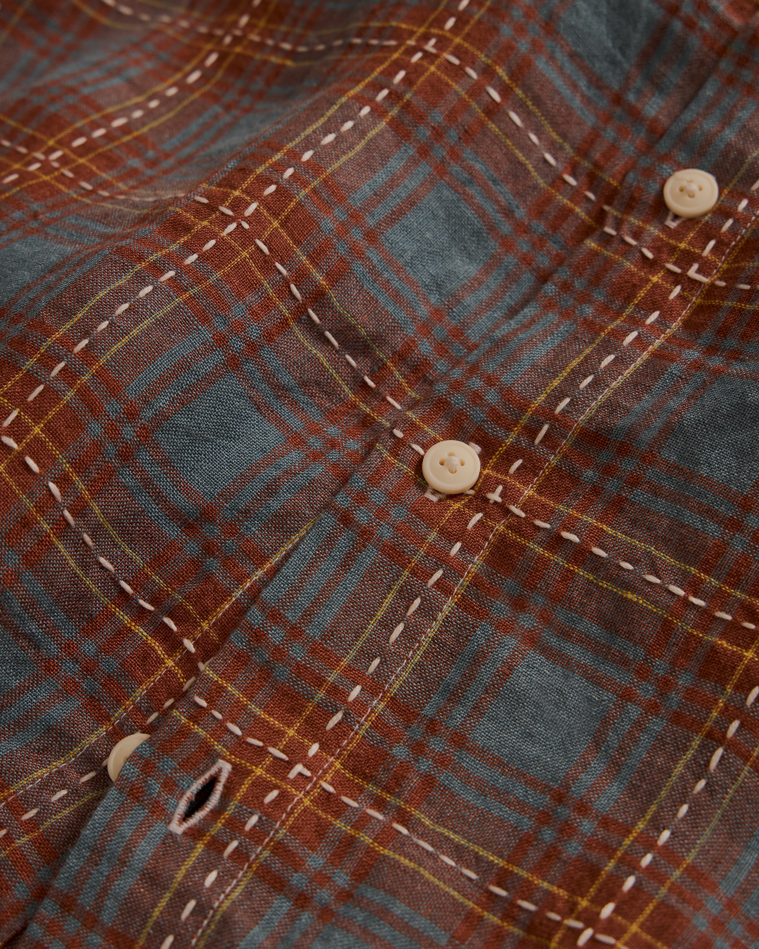 AMER EASTERN BUTTON DOWN SHIRT - RUSSET BROWN / CLEAR BLUE / GOLDENROD BELGIAN LINEN PLAID WITH WHITE HAND-EMBROIDERED DECO CHECK