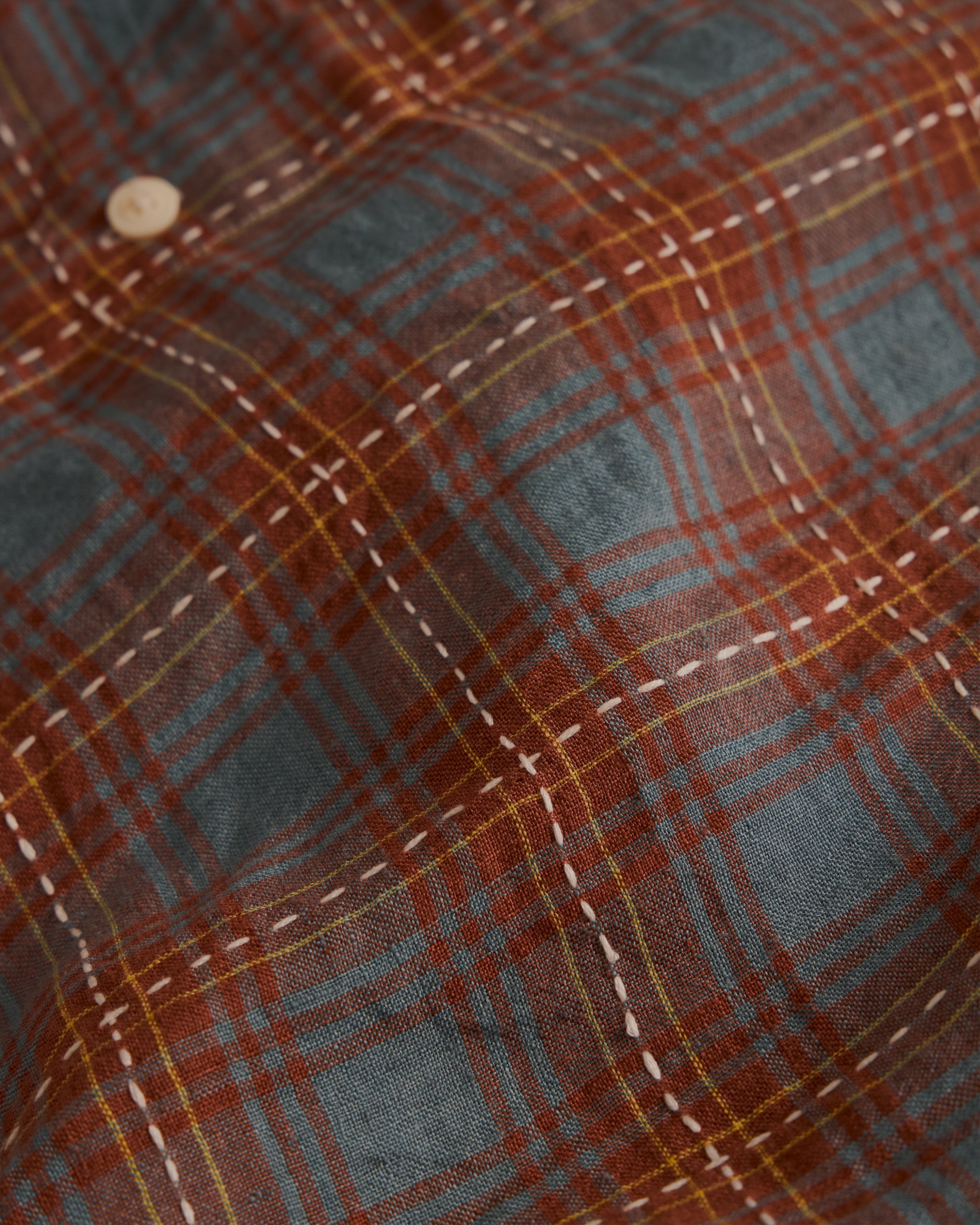AMER EASTERN BUTTON DOWN SHIRT - RUSSET BROWN / CLEAR BLUE / GOLDENROD BELGIAN LINEN PLAID WITH WHITE HAND-EMBROIDERED DECO CHECK