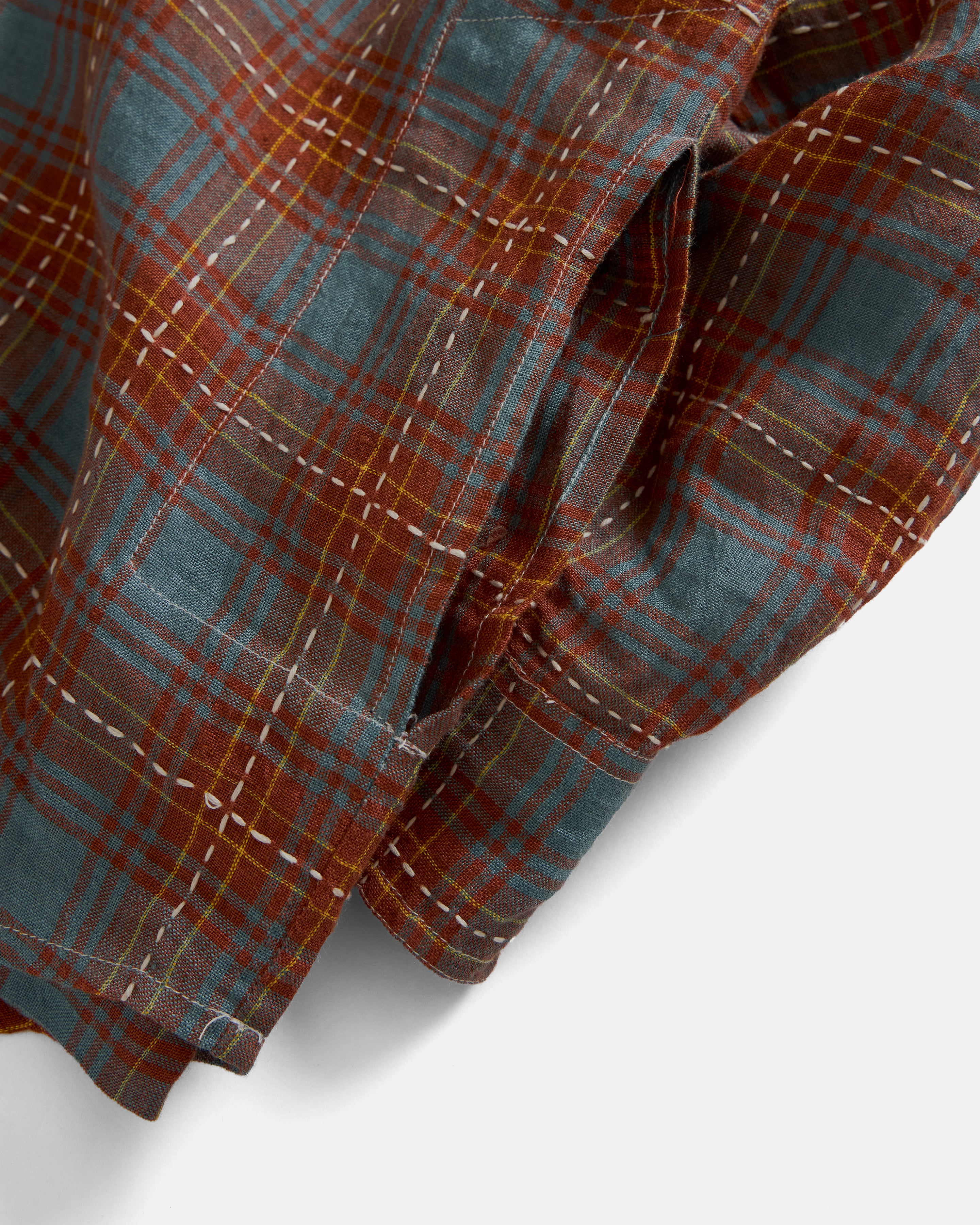 AMER EASTERN BUTTON DOWN SHIRT - RUSSET BROWN / CLEAR BLUE / GOLDENROD BELGIAN LINEN PLAID WITH WHITE HAND-EMBROIDERED DECO CHECK