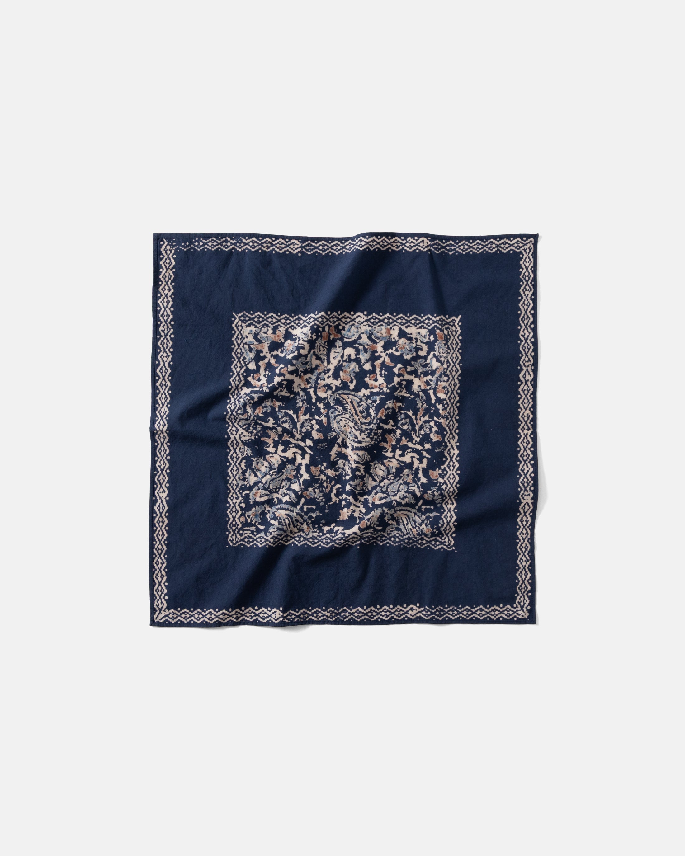 ALTON HAND-BLOCK PRINTED BANDANA - NAVY / ECRU / BROWN COTTON BROADCLOTH
