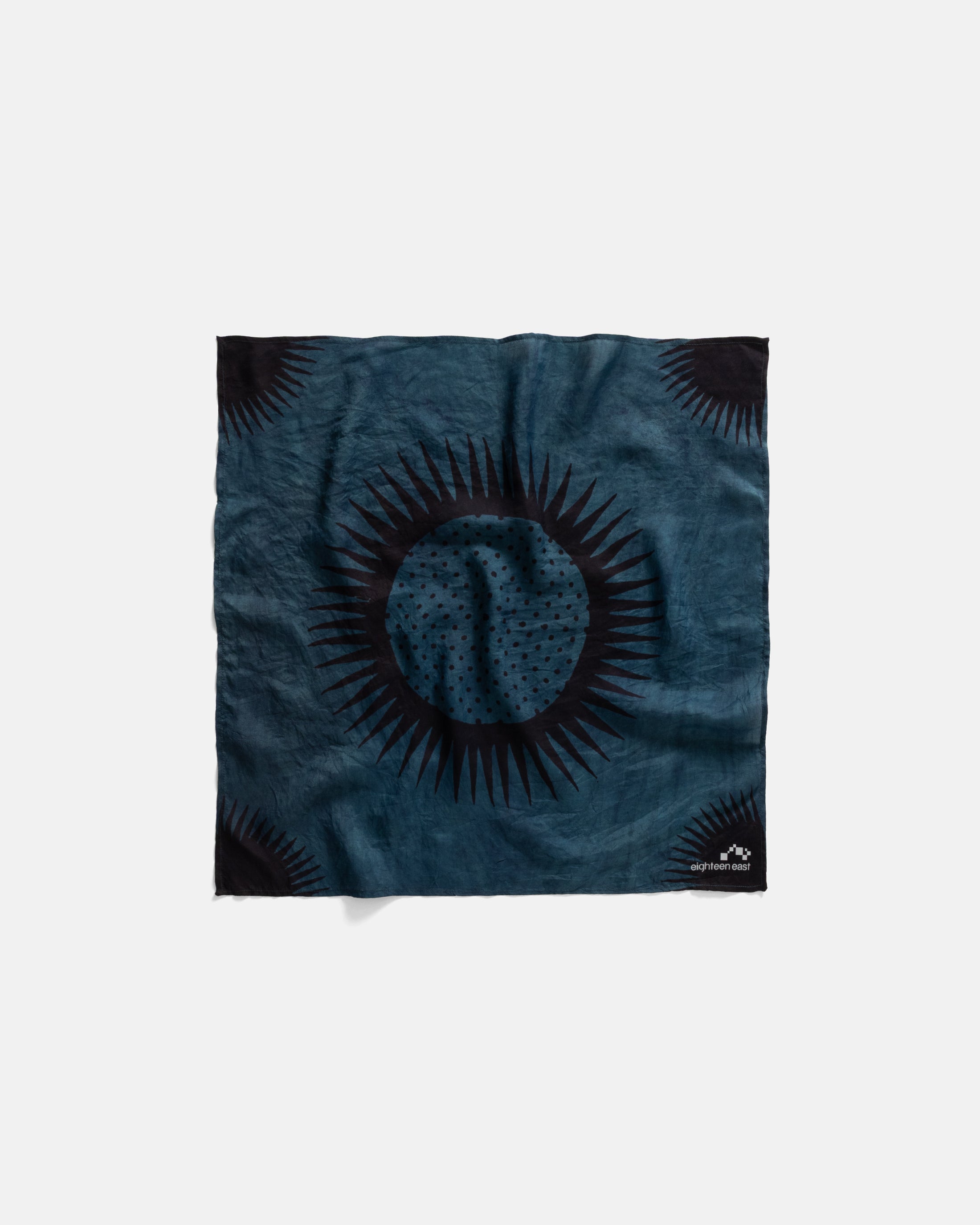 SOLARO HAND-BLOCK PRINTED BANDANA - NATURAL INDIGO / NATURAL IRON DYED COTTON/SILK PLAIN WEAVE