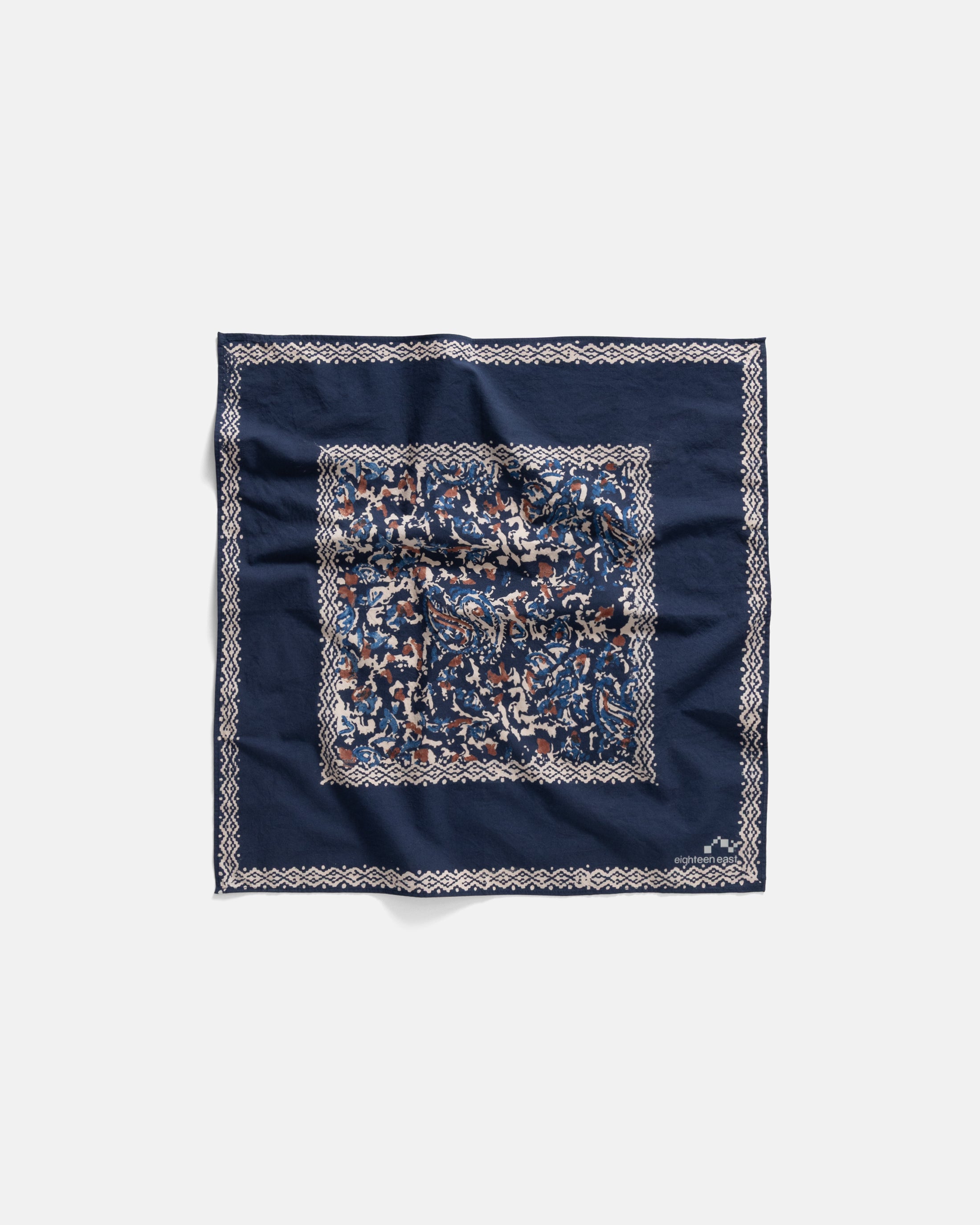 ALTON HAND-BLOCK PRINTED BANDANA - NAVY / ECRU / BROWN COTTON BROADCLOTH
