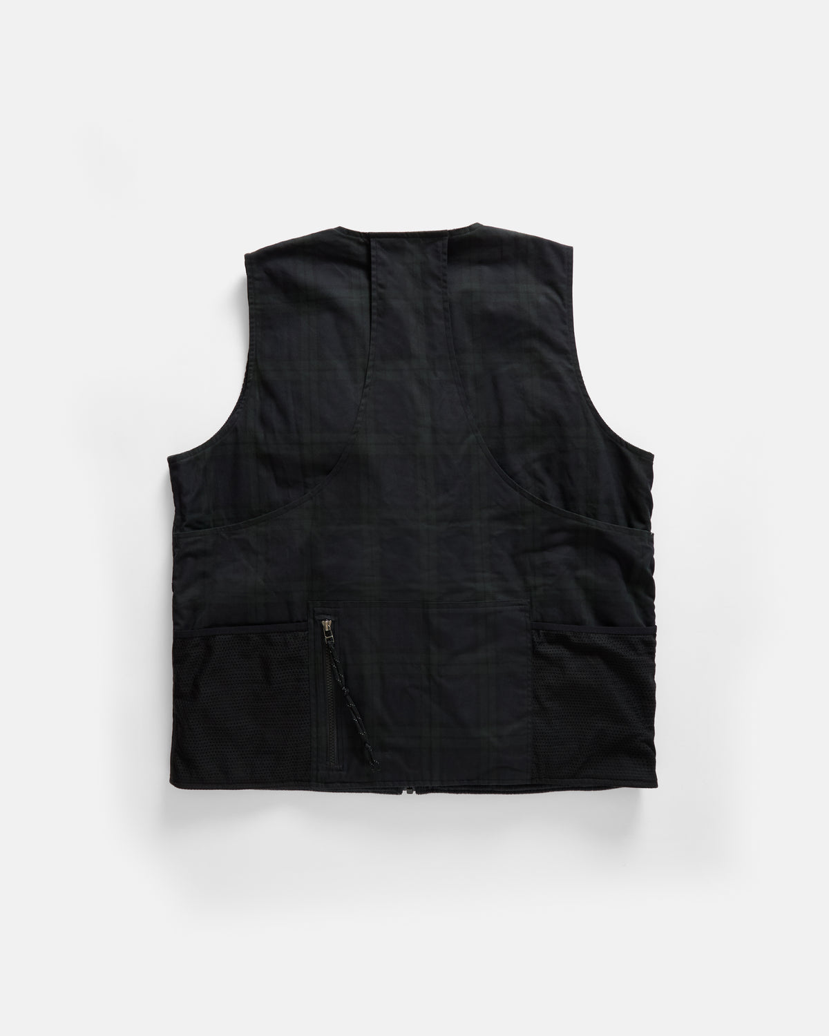 KEARSE REVERSIBLE UTILITY VEST - BARELY BLACKWATCH BEESWAX COATED COTTON TWILL AND BLACK COTTON CORDUROY