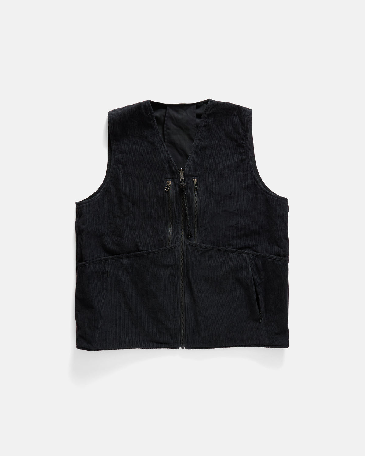 KEARSE REVERSIBLE UTILITY VEST - BARELY BLACKWATCH BEESWAX COATED COTTON TWILL AND BLACK COTTON CORDUROY