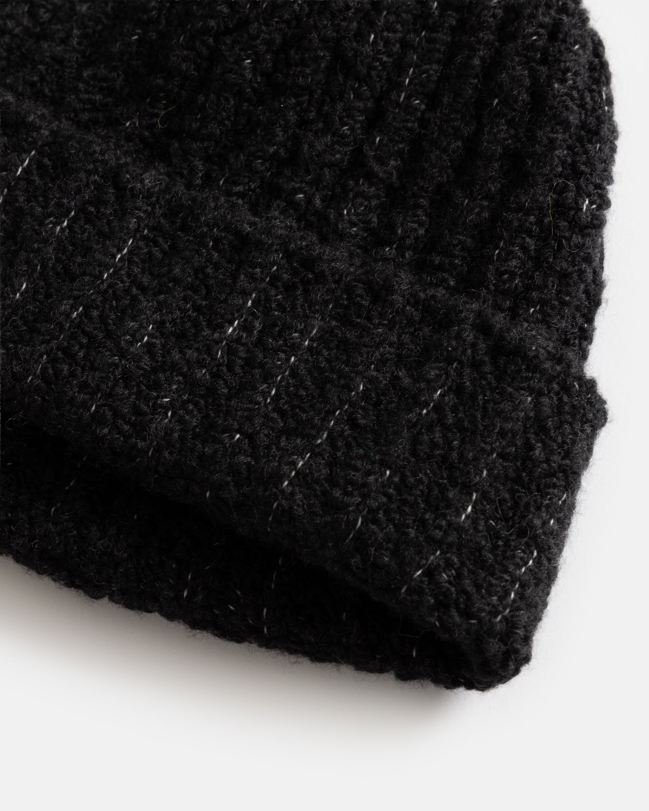 ENGLISH RIB CUFFED BEANIE - FADED BLACK HANDLOOM TWISTED MERINO BOUCLE