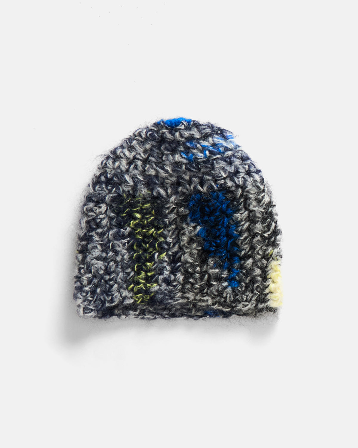 A# ABSTRACT PALETTE HAND KNITTED BEANIE - YELLOW / CINDER / BLACK / ALPHA ROYAL / INDIGO MOHAIR