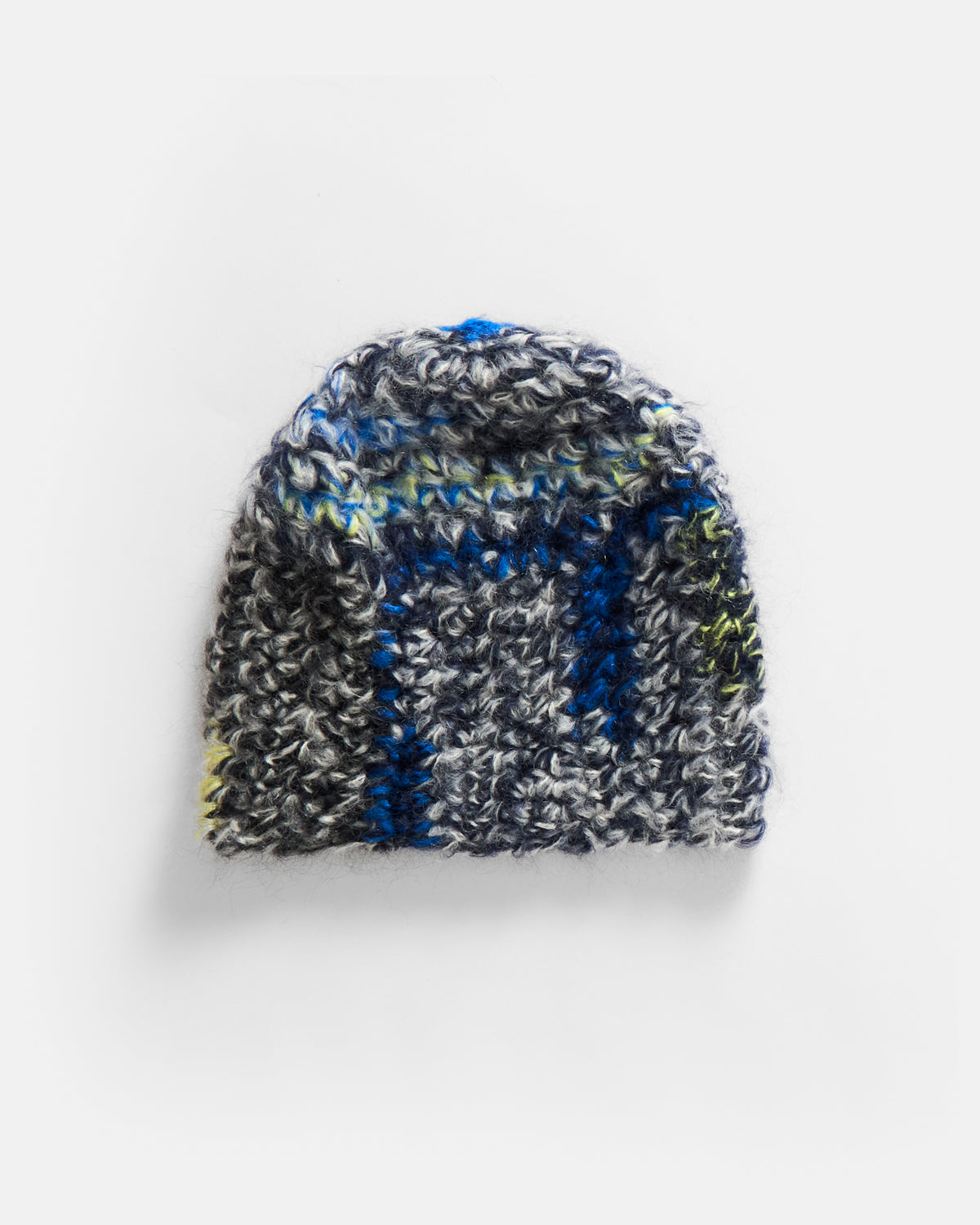 A# ABSTRACT PALETTE HAND KNITTED BEANIE - YELLOW / CINDER / BLACK / ALPHA ROYAL / INDIGO MOHAIR