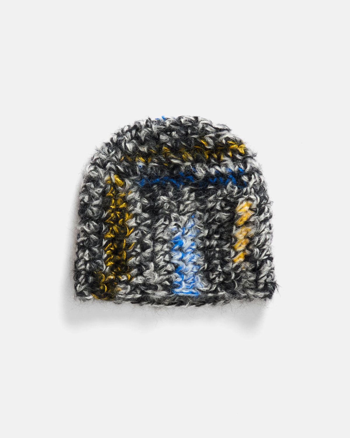 A# ABSTRACT PALETTE HAND KNITTED BEANIE - GOLD / CINDER / BLACK / ALPHA ROYAL / INDIGO MOHAIR