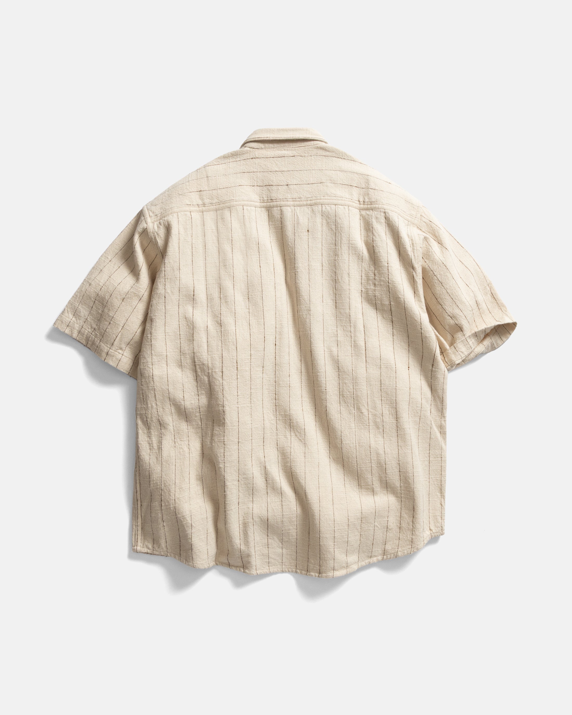 SS EASY WORK SHIRT - ECRU / BROWN STRIPED HANDLOOM COTTON BASKETWEAVE